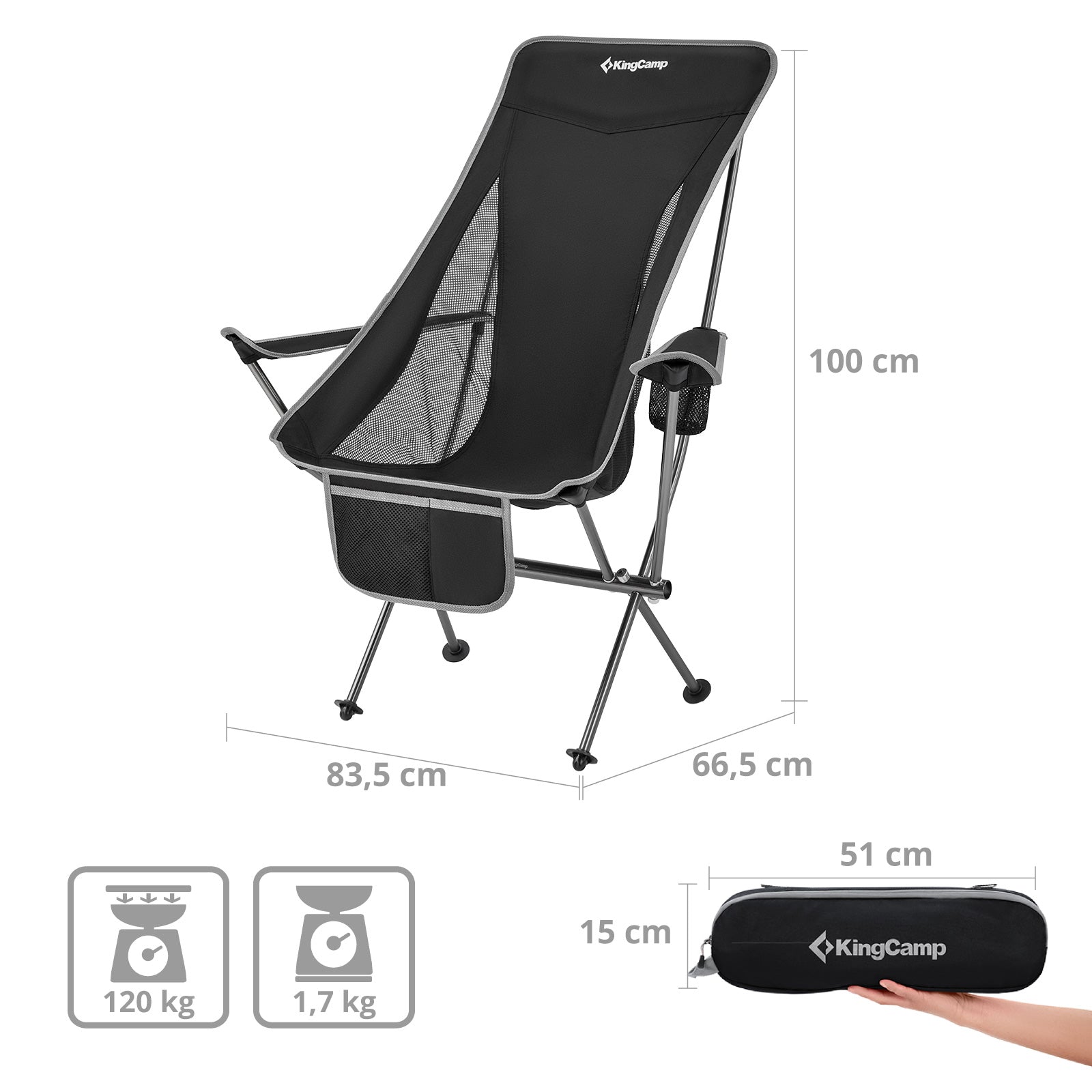 Chaise de camping pliante KINGCAMP Cataby Deluxe, chaise de plage pliable en aluminium, 120 kg
