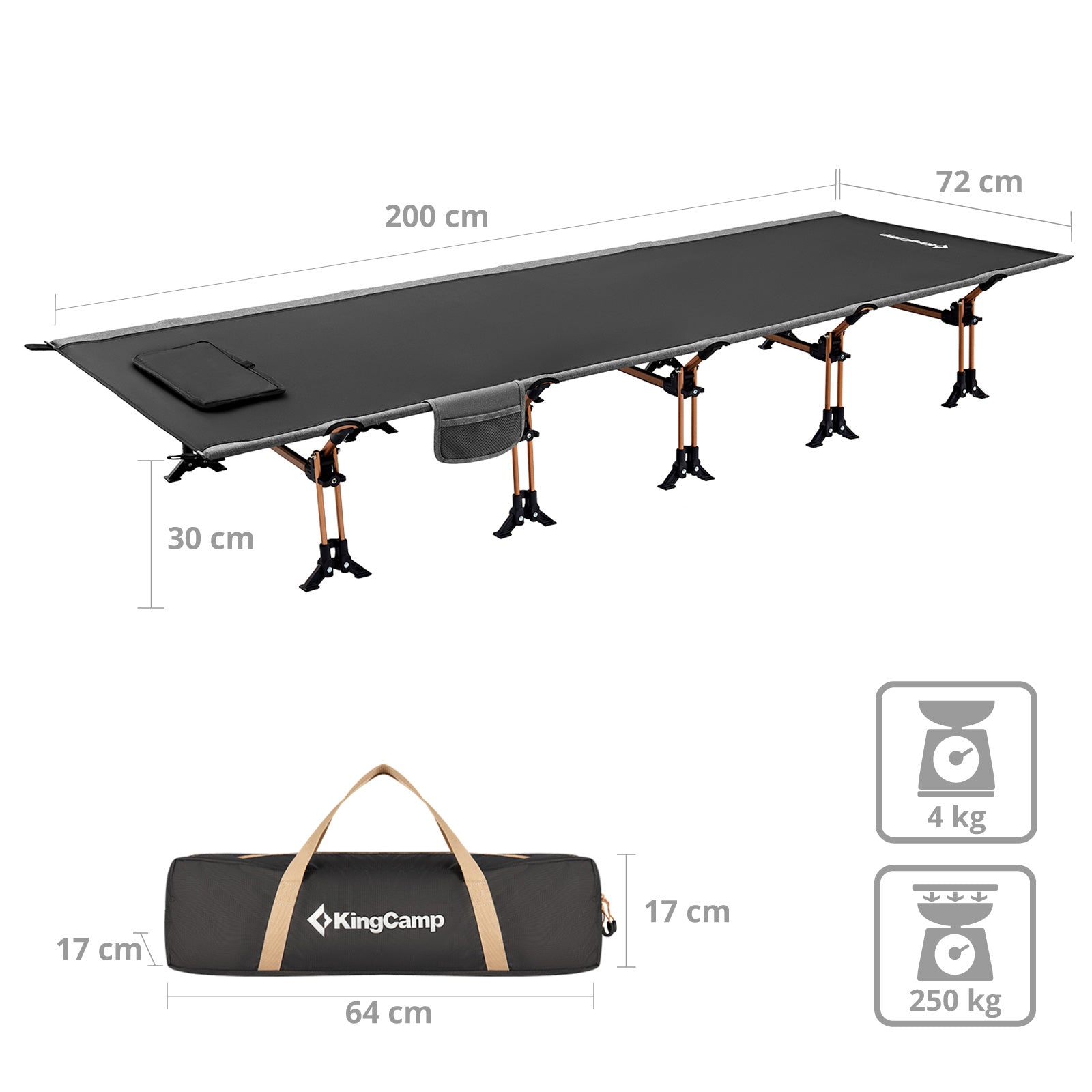Lit de camp XL en aluminium KINGCAMP, lit pliant d'extérieur à clic, chaise longue de camping, hauteur 30 cm, 250 kg