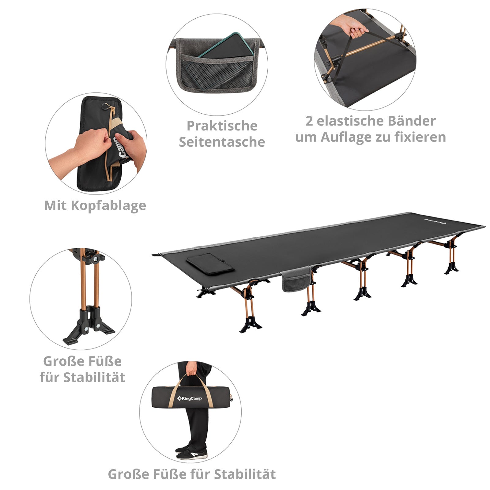 Lit de camp XL en aluminium KINGCAMP, lit pliant d'extérieur à clic, chaise longue de camping, hauteur 30 cm, 250 kg