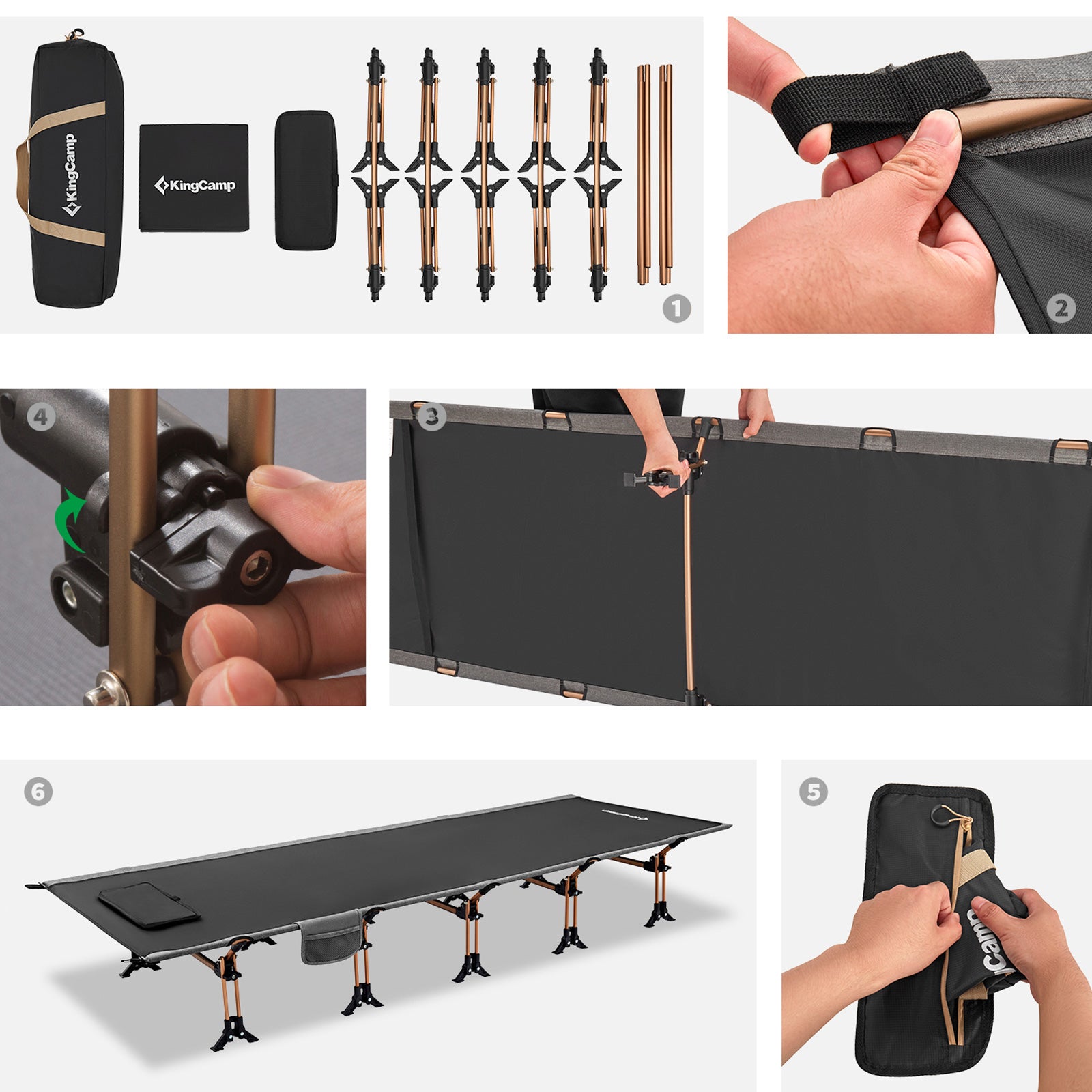 Lit de camp XL en aluminium KINGCAMP, lit pliant d'extérieur à clic, chaise longue de camping, hauteur 30 cm, 250 kg
