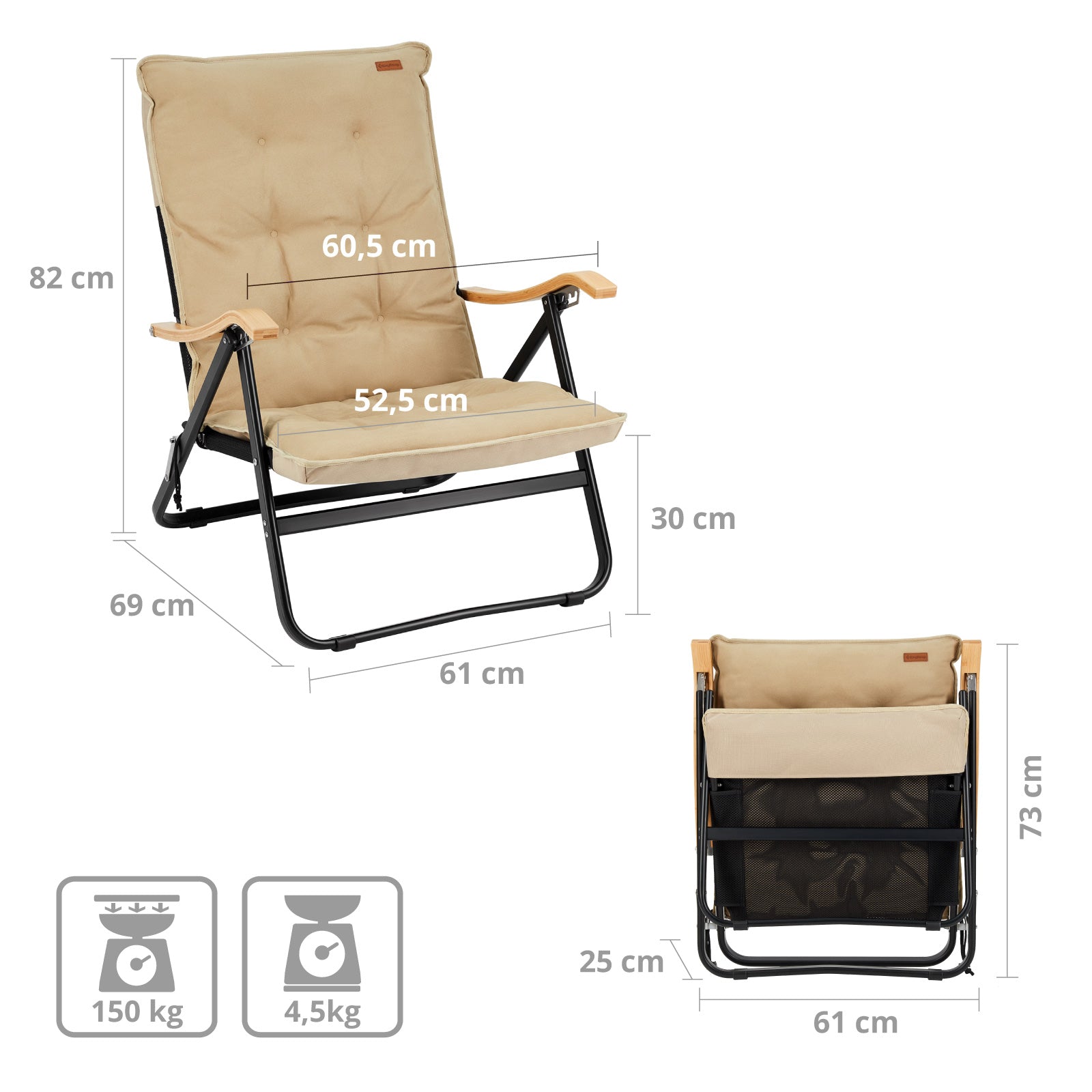 Chaise longue de camping rembourrée Kingcamp Hayden Deluxe XL en bois bas 150 kg