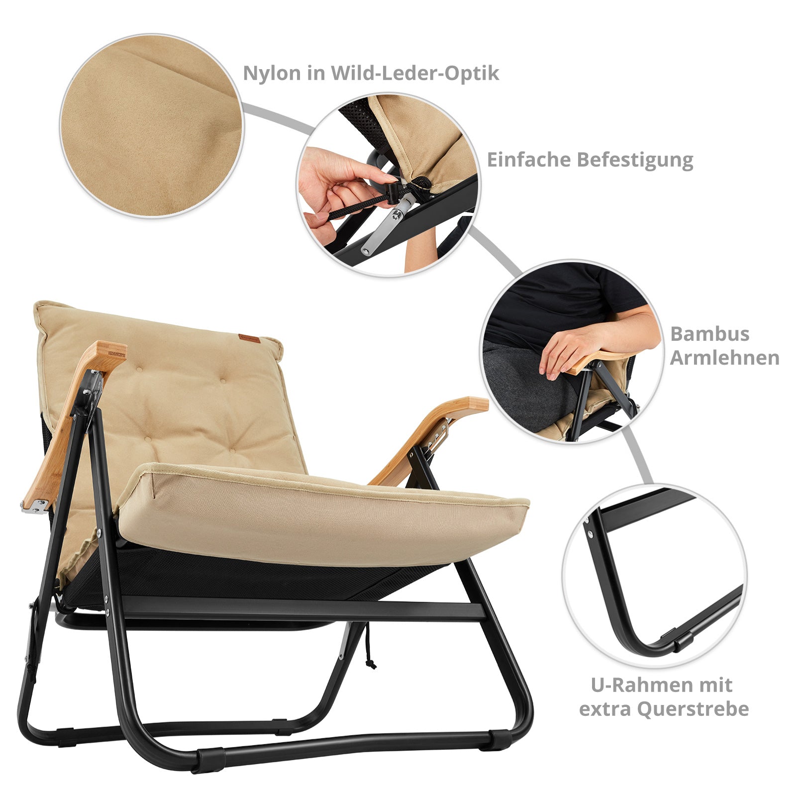 Chaise longue de camping rembourrée Kingcamp Hayden Deluxe XL en bois bas 150 kg
