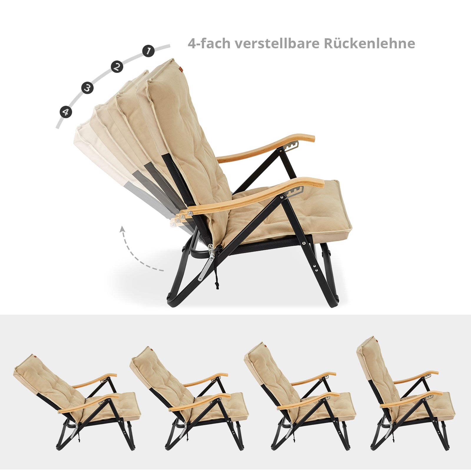 Chaise longue de camping rembourrée Kingcamp Hayden Deluxe XL en bois bas 150 kg