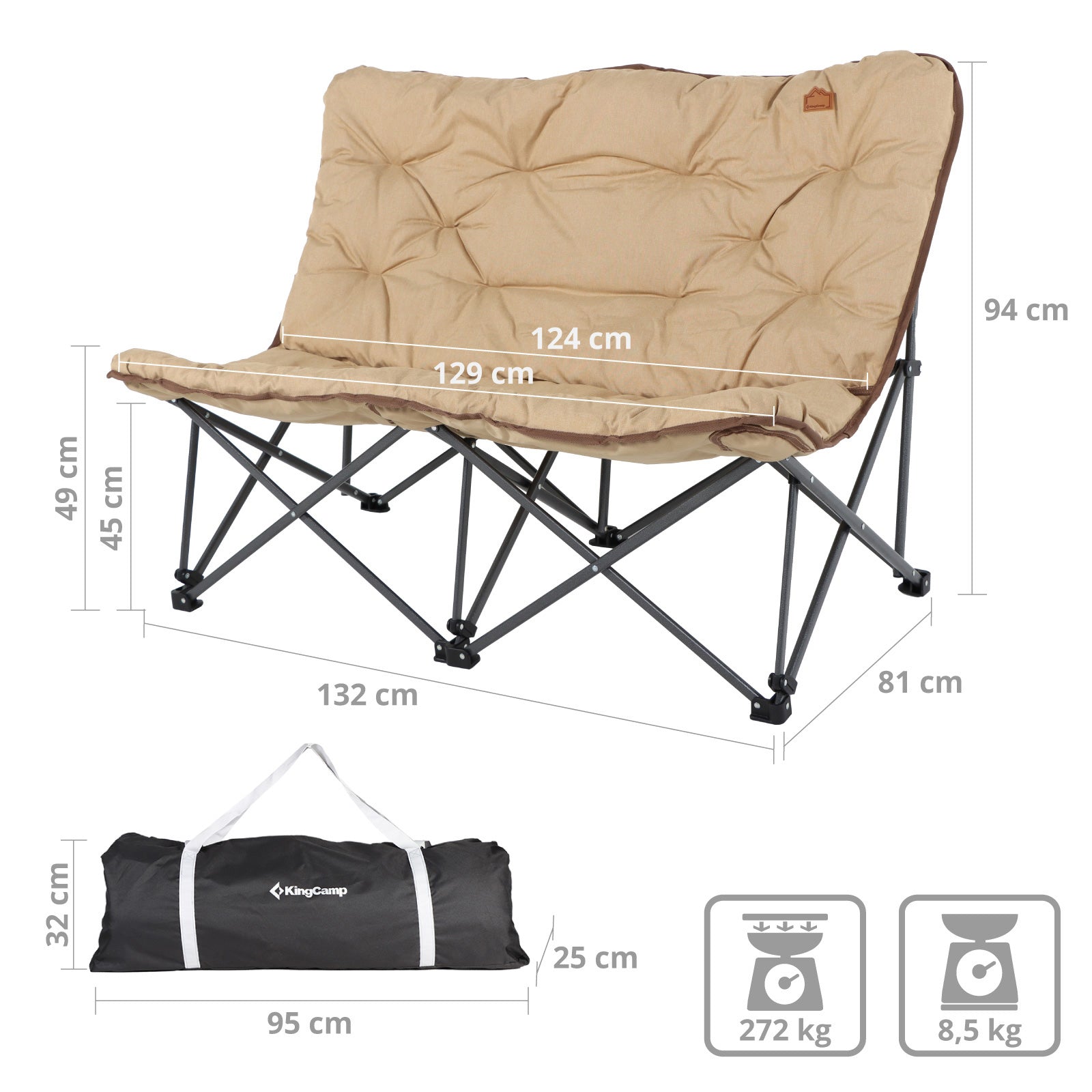 Canapé de camping Kingcamp Lindon Relax Double Lounge Chair Chaise pliante 2 personnes