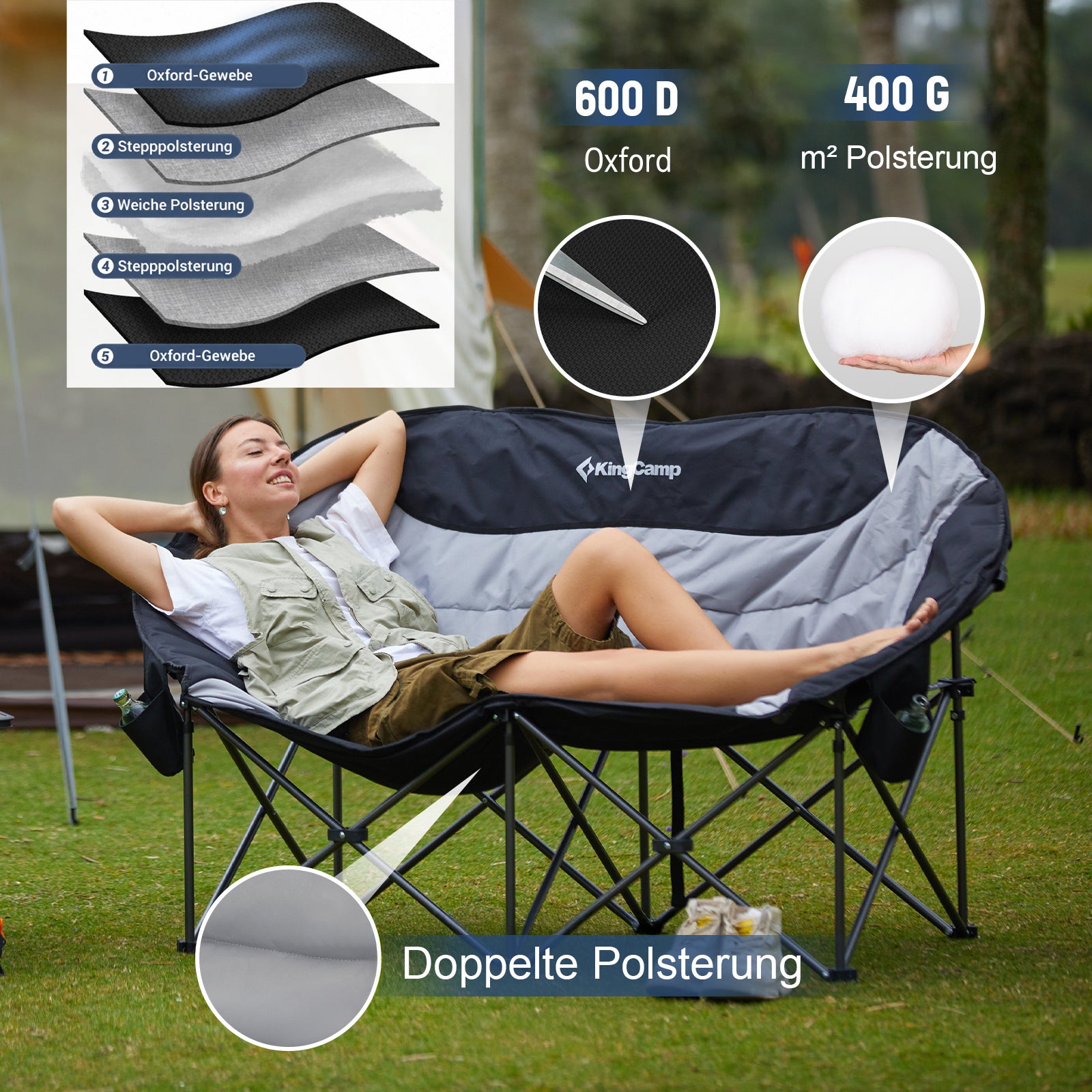 KINGCAMP Campingstuhl Moon Sofa Doppel Lounge Chair 2 Personen Stuhl 300 kg