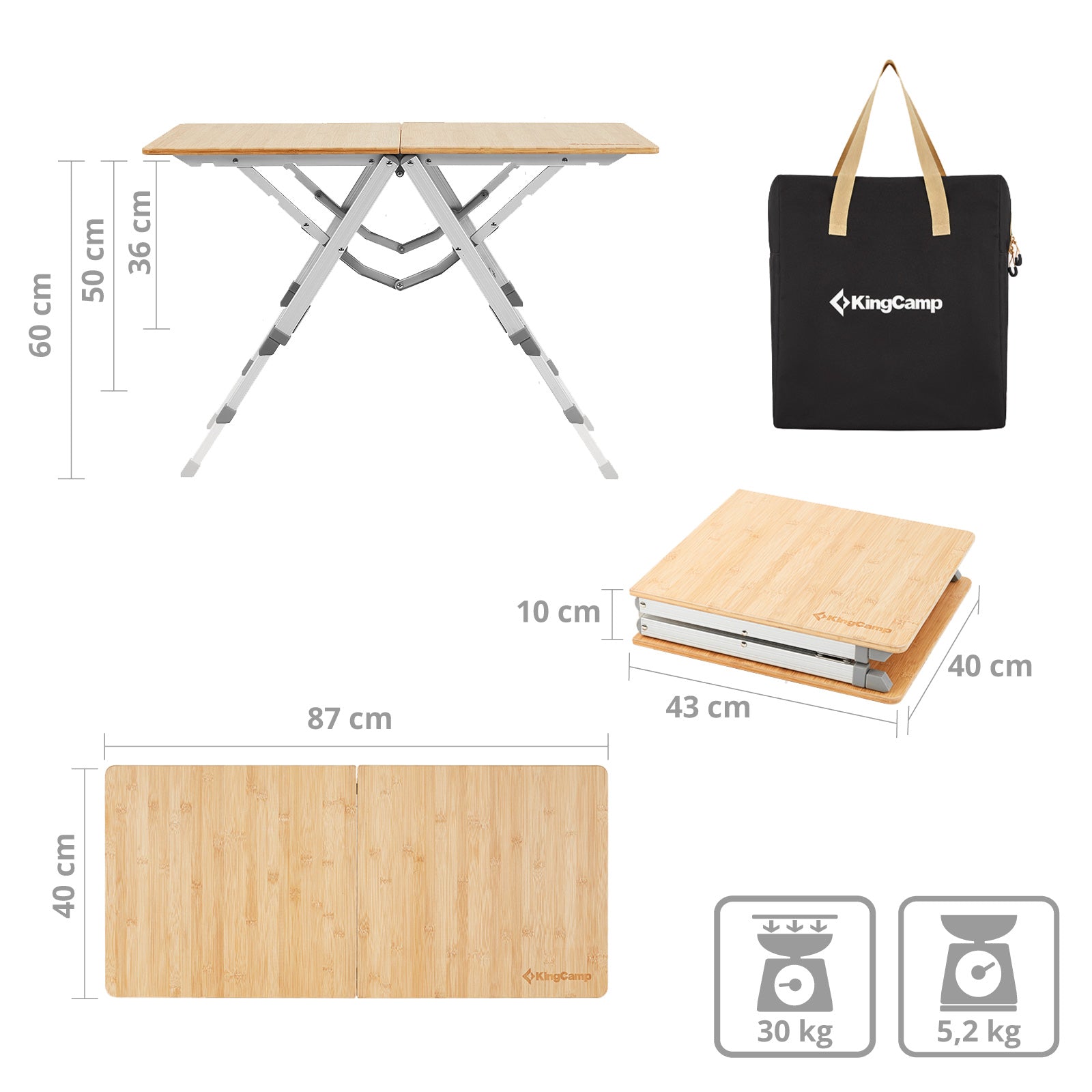 KINGCAMP Camping Table Bamboo Duo Folding Table Camping Table Adjustable Aluminium Bamboo