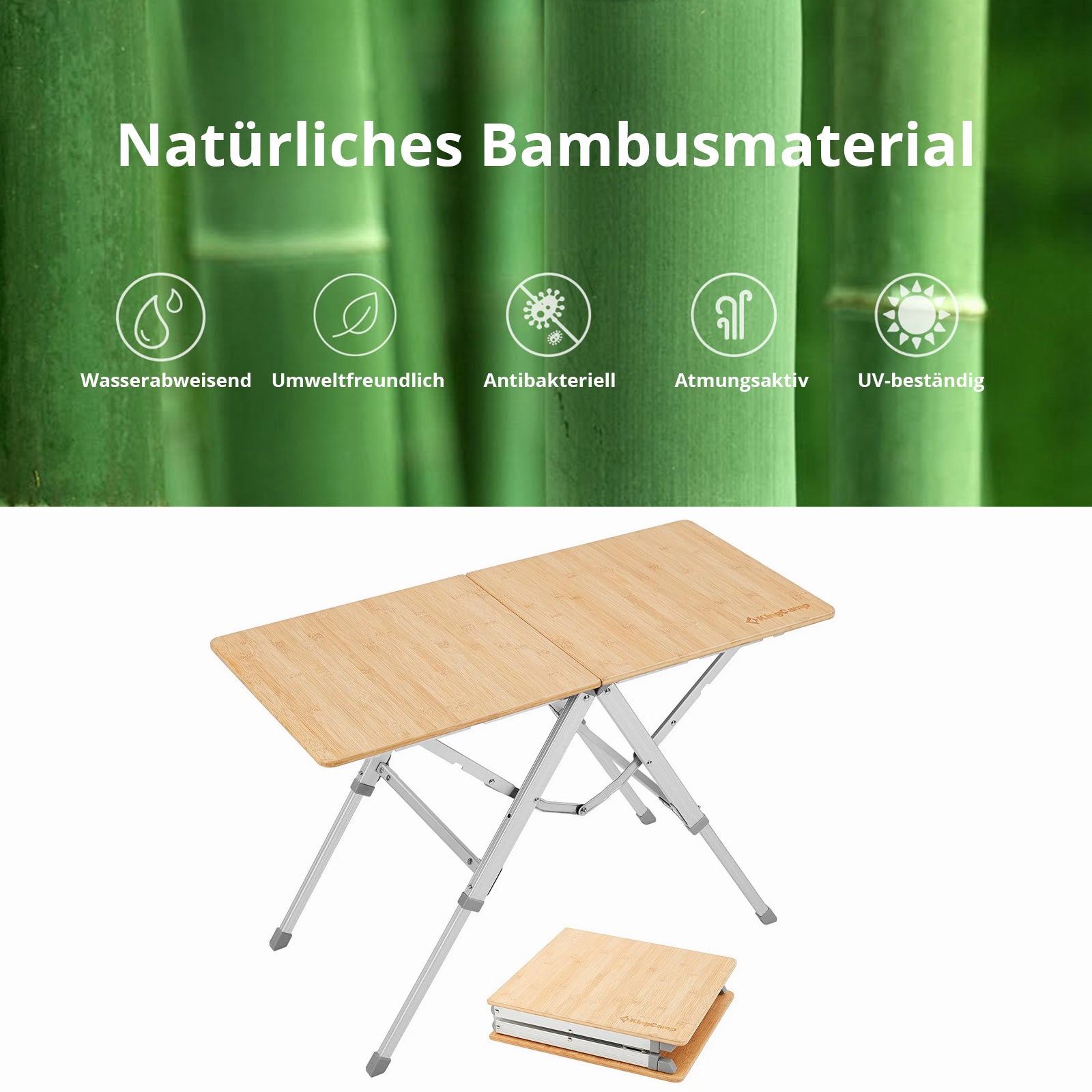 Table de camping pliante KINGCAMP en bambou Duo, réglable en aluminium et bambou