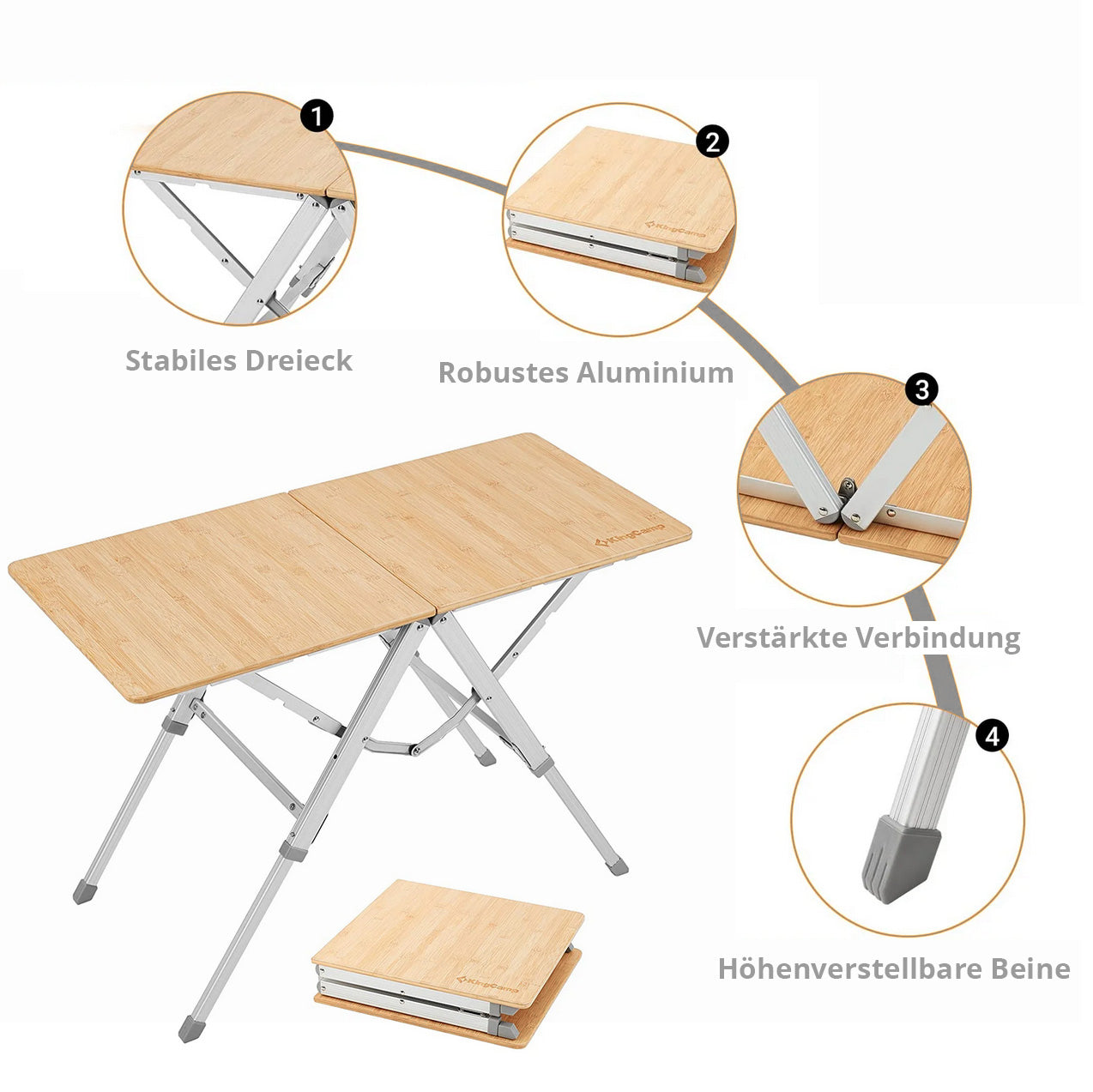 Table de camping pliante KINGCAMP en bambou Duo, réglable en aluminium et bambou