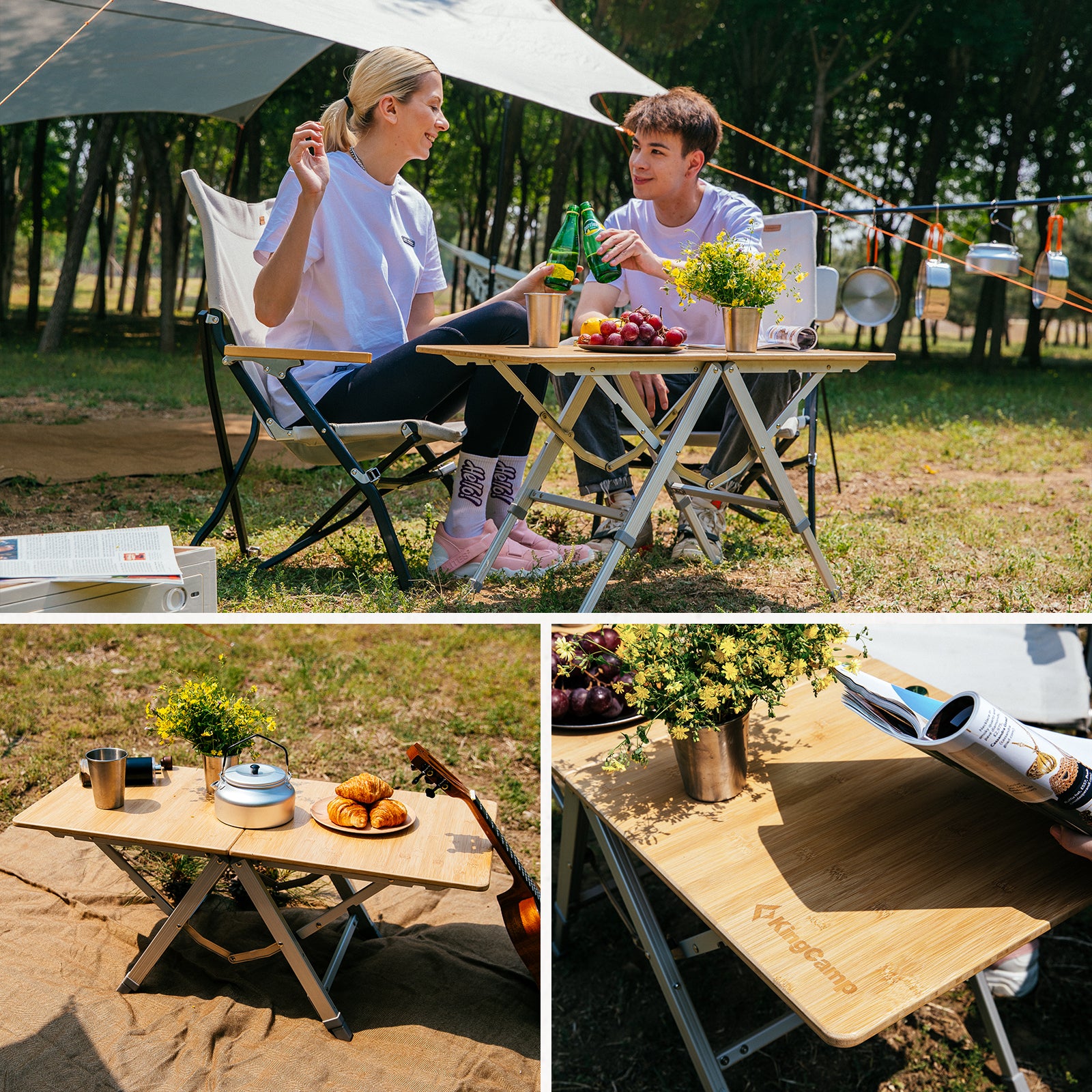 Table de camping pliante KINGCAMP en bambou Duo, réglable en aluminium et bambou