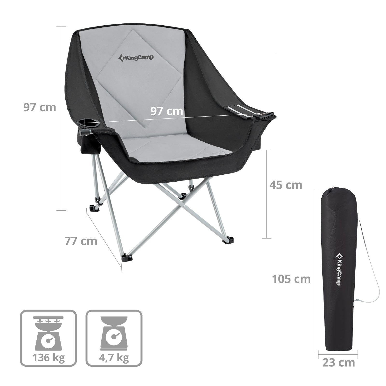 KINGCAMP Campingstuhl Faltstuhl Relax Chair Sessel Klappstuhl Kühltasche 136 kg