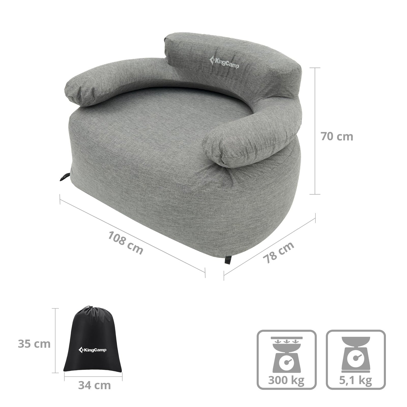 KINGCAMP Campingstuhl Air Lounger Granit Camping Sessel Luft Möbel Aufblasbar