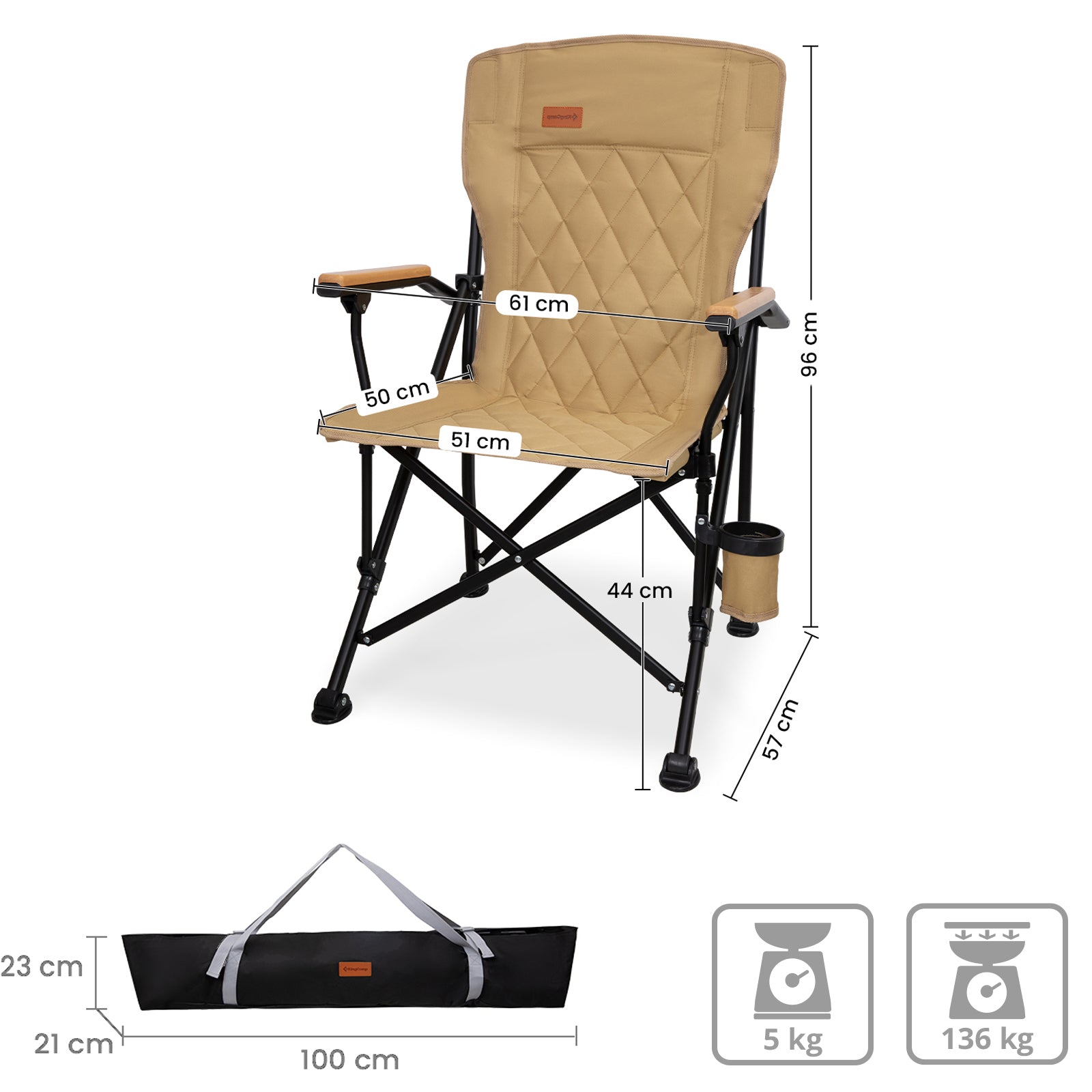 KINGCAMP Campingstuhl Creekwood Outdoor Camping Sessel Stuhl Holz Armlehne 136kg
