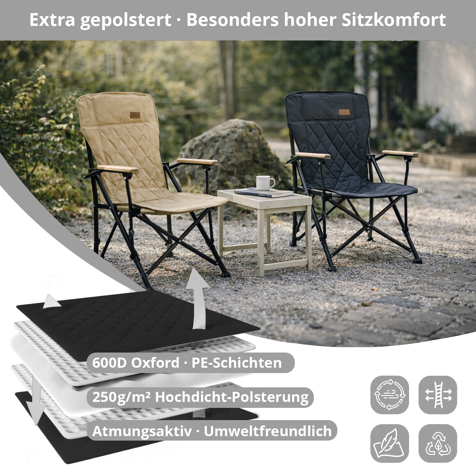 KINGCAMP Campingstuhl Creekwood Outdoor Camping Sessel Stuhl Holz Armlehne 136kg