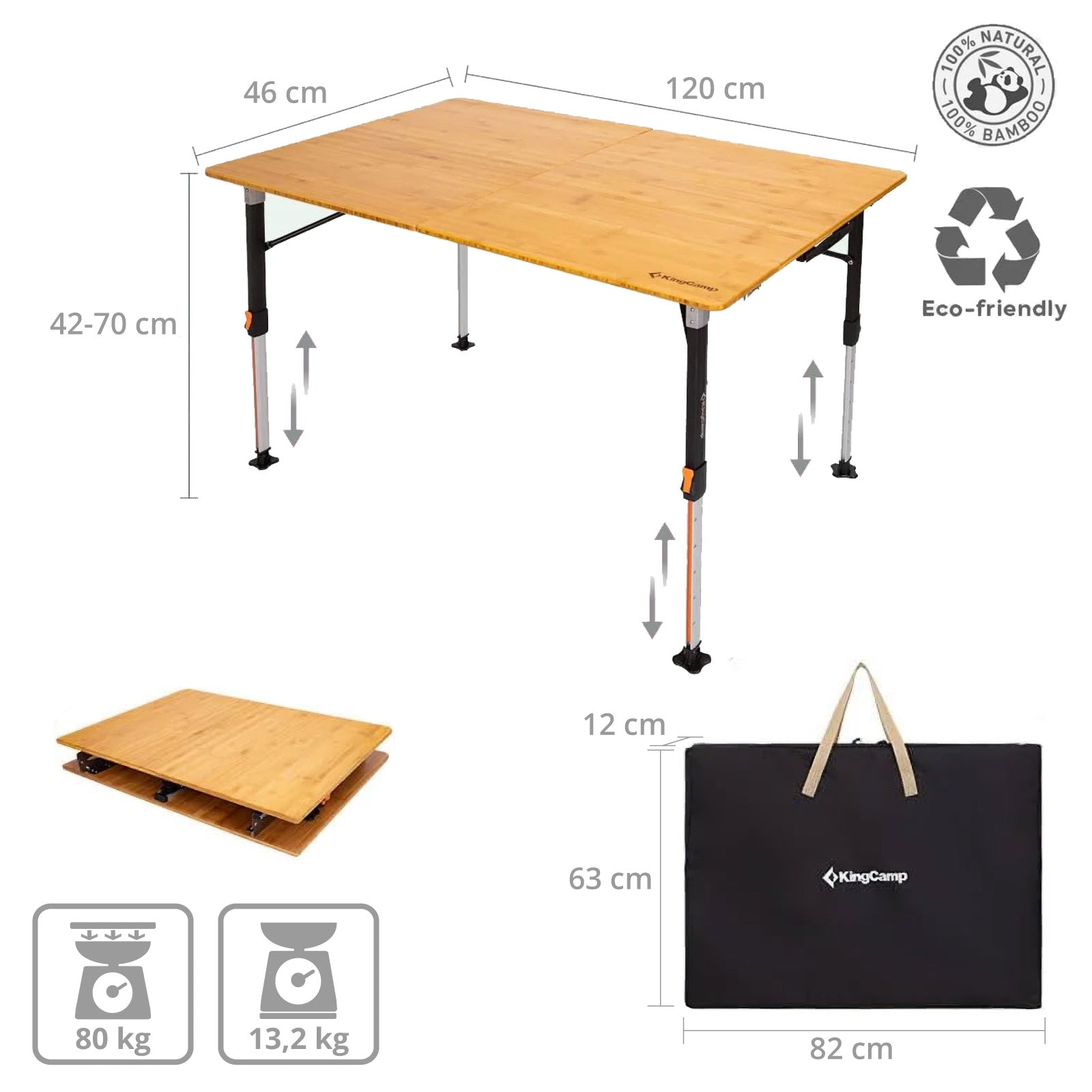 KINGCAMP Bambus Campingtisch Woboo XL Camping Klapptisch Faltbar Holz Stufenlos