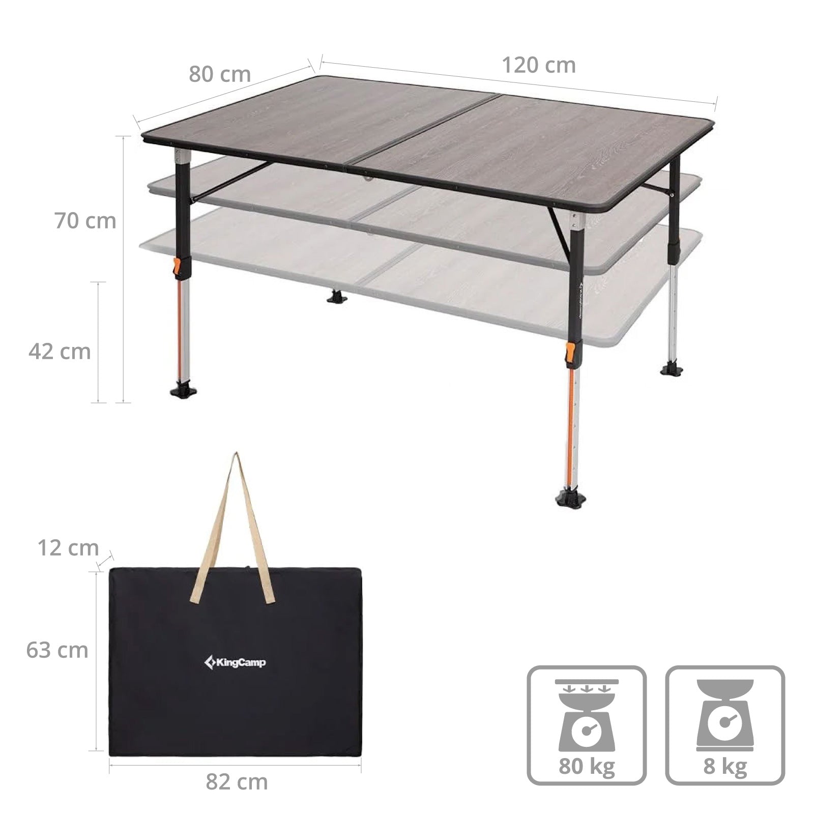 KINGCAMP Campingtisch Meteora XL Camping Falttisch Klapptisch Leicht Stufenlos