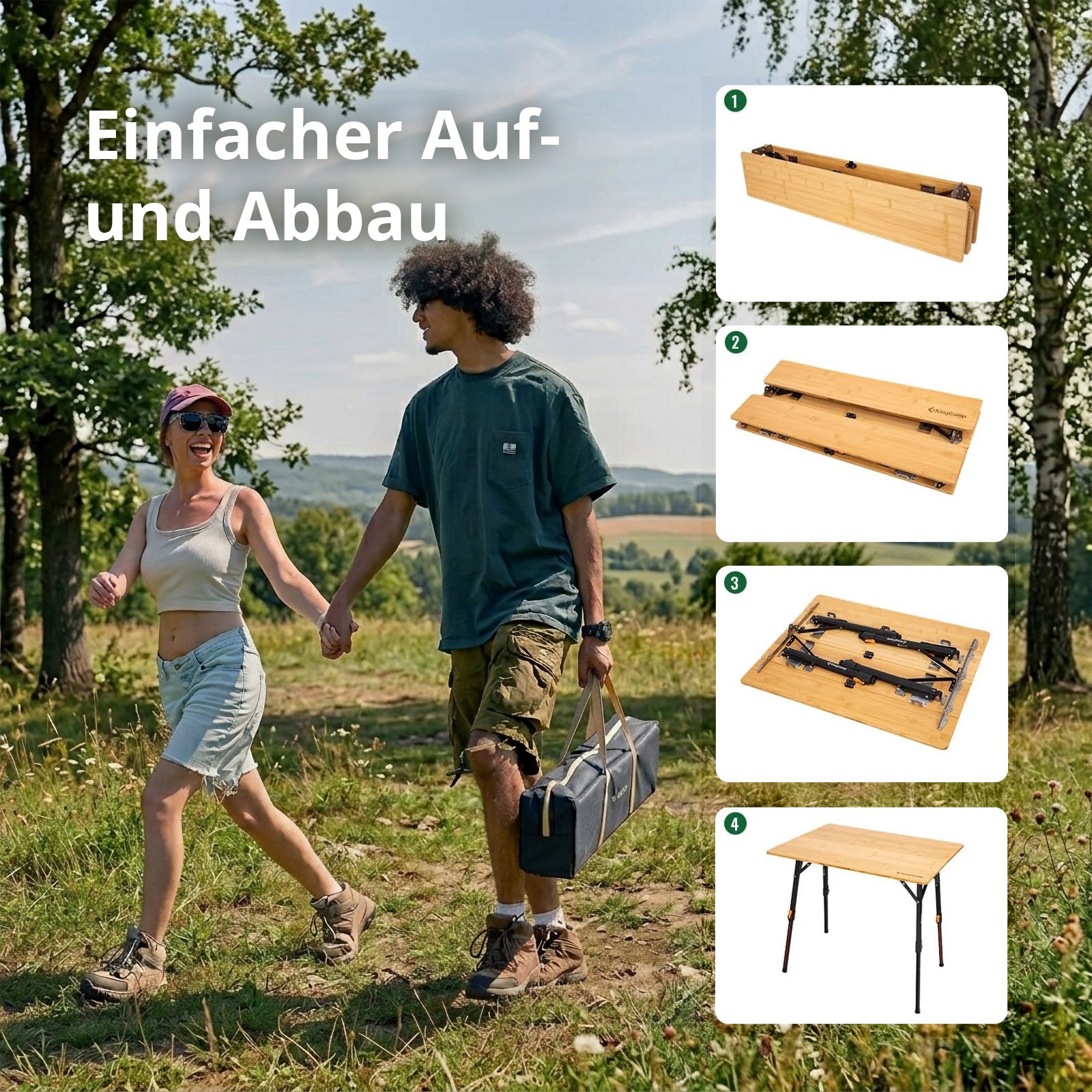 KINGCAMP Bambus Campingtisch Woboo M Camping Falttisch Klapptisch Holz Stufenlos