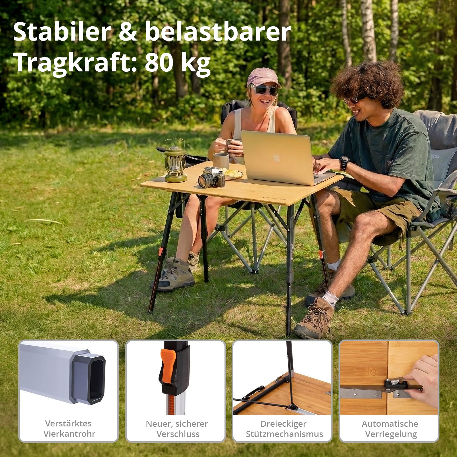 KINGCAMP Bambus Campingtisch Woboo L Camping Falttisch Klapptisch Holz Stufenlos