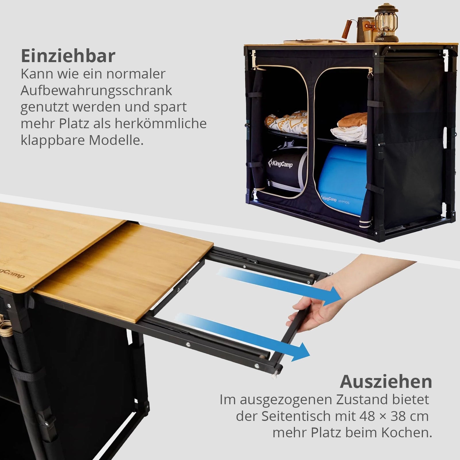 KINGCAMP Camping Küche Faltschrank Tisch Schrank Faltbar Waschbecken Bambus Holz