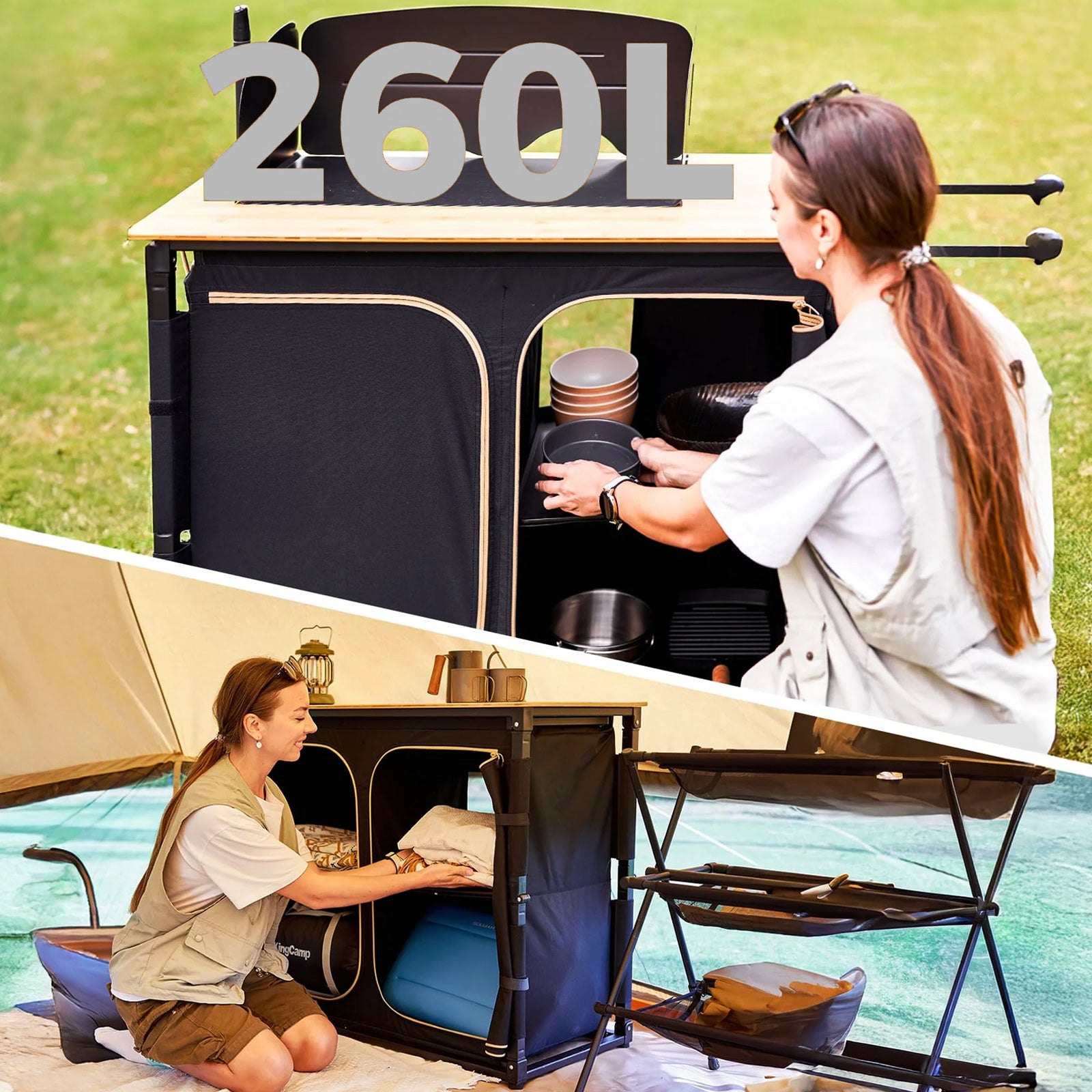 KINGCAMP Camping Küche Faltschrank Tisch Schrank Faltbar Windschutz Bambus Holz