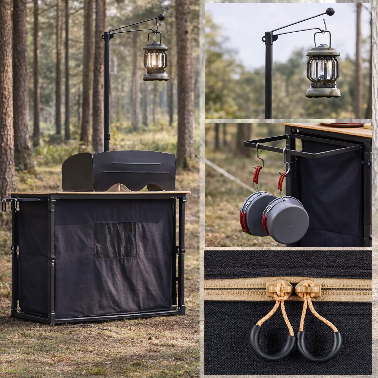 KINGCAMP Camping Küche Faltschrank Tisch Schrank Faltbar Windschutz Bambus Holz