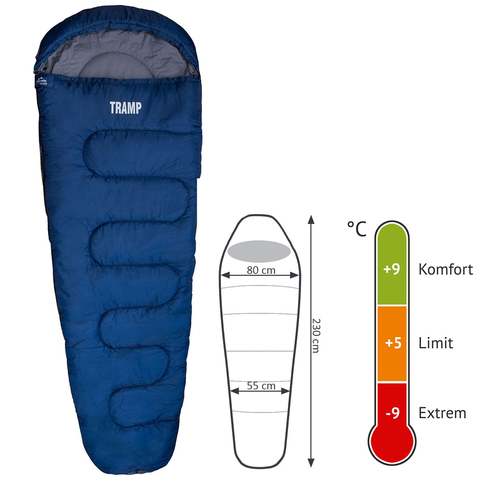 EXPLORER Mumienschlafsack Tramp Sommer Schlafsack 230 cm Lang Breit -9°C
