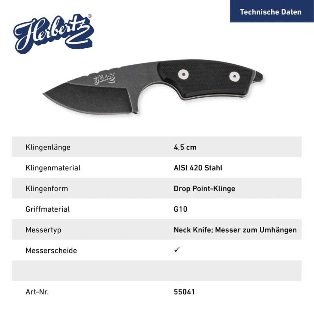 HERBERTZ Neck Knife G10 Mini Messer Halsmesser Fingermesser Full Tang Outdoor