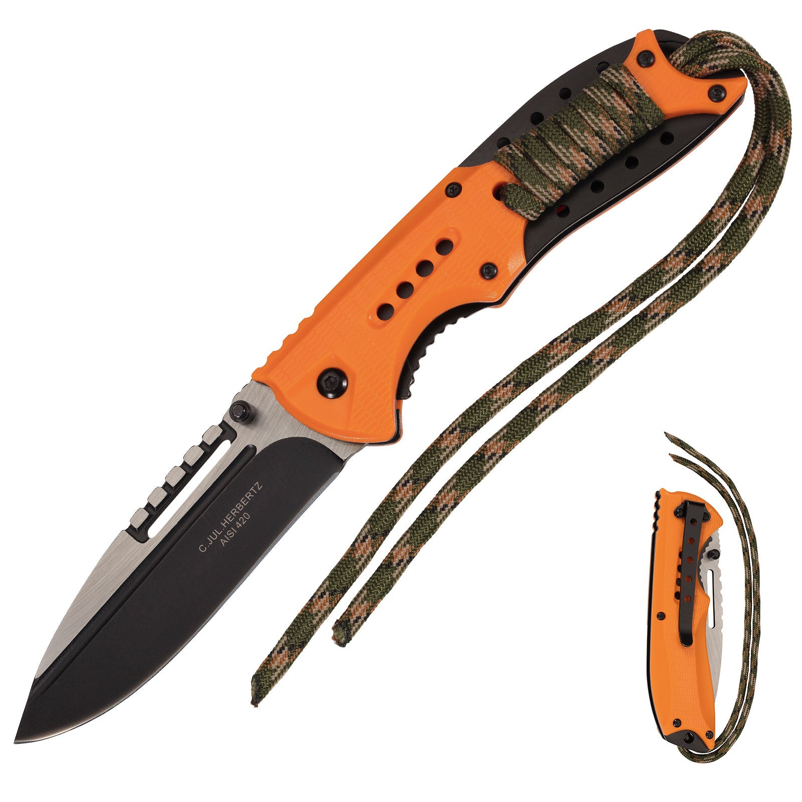 HERBERTZ One-Hand Knife Orange Survival Folding Knife Paracord Pocket Knife AISI