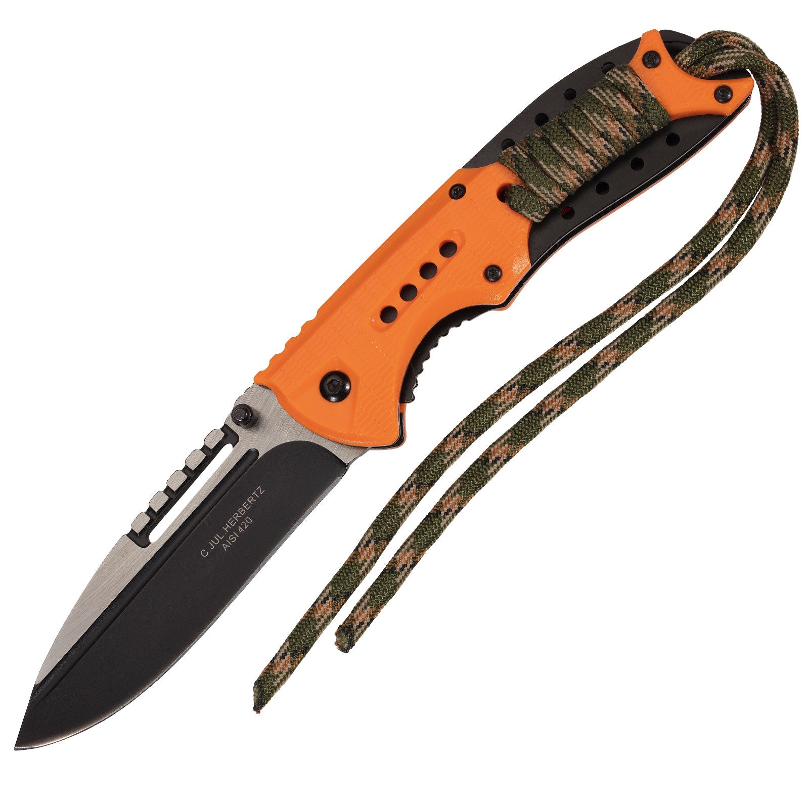 HERBERTZ One-Hand Knife Orange Survival Folding Knife Paracord Pocket Knife AISI