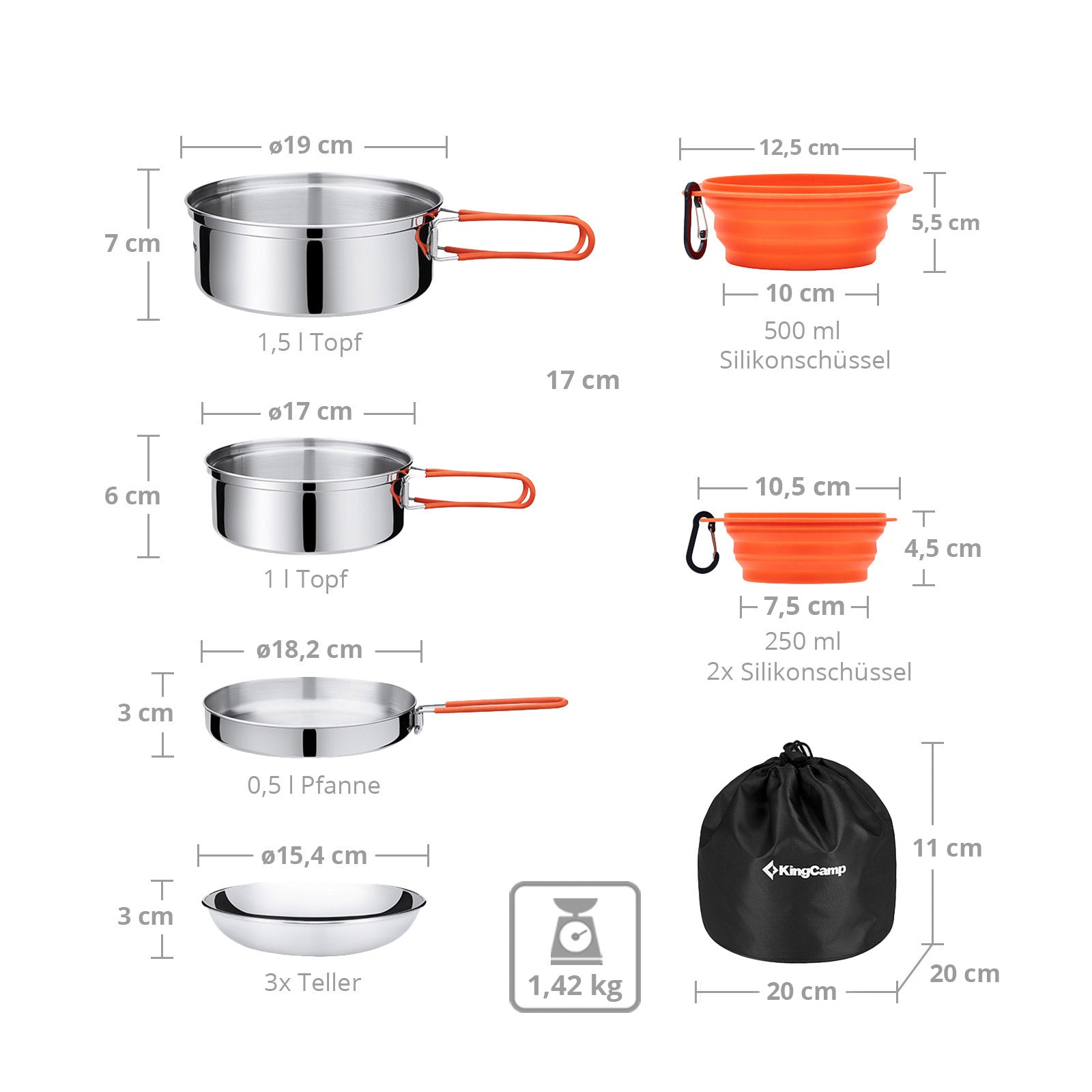 KINGCAMP Camping Kochset Adventurer II Pro Koch Geschirr Set Stahl Topf Pfanne