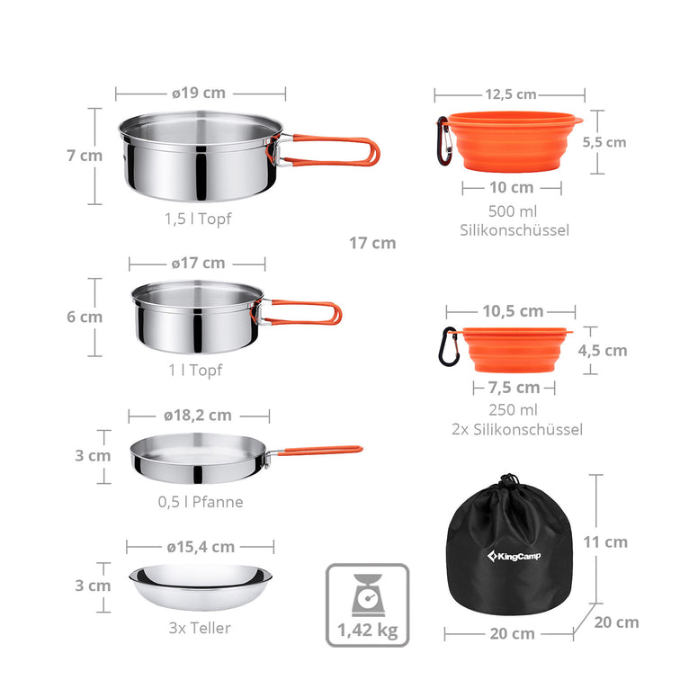 KINGCAMP Camping Cooking Set Adventurer II Pro Cooking Utensils Set Steel Pot Pan