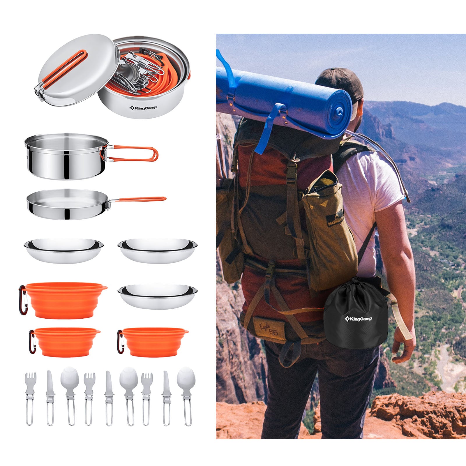 KINGCAMP Set de cuisine de camping Adventurer II Pro : set de vaisselle, casserole et poêle en acier
