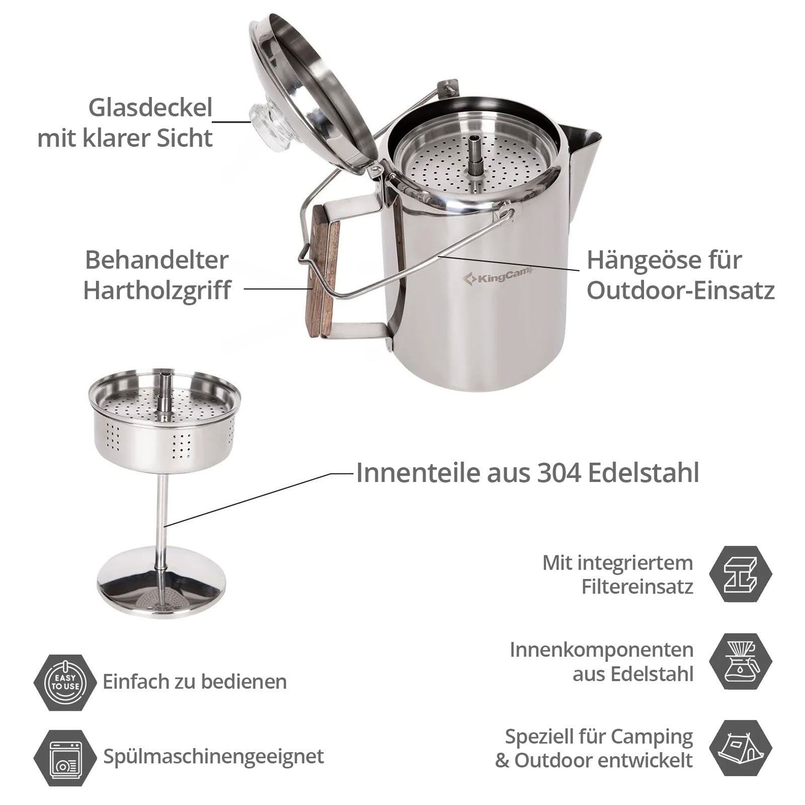 KINGCAMP Happy Brew Percolator 1 L Kaffee Kocher Espresso Kanne Edelstahl 1,7 L