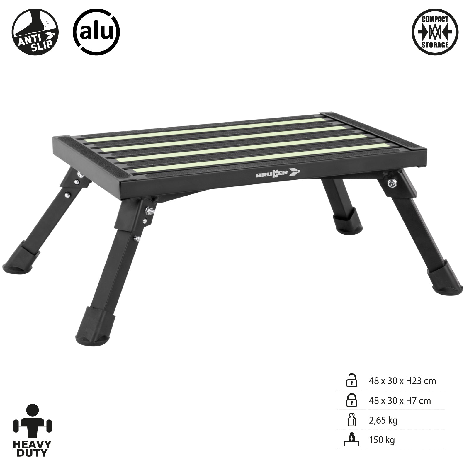 Marchepied pliant BRUNNER Go Step Black Fluo pour caravane, camping, échelle, marchepied en aluminium