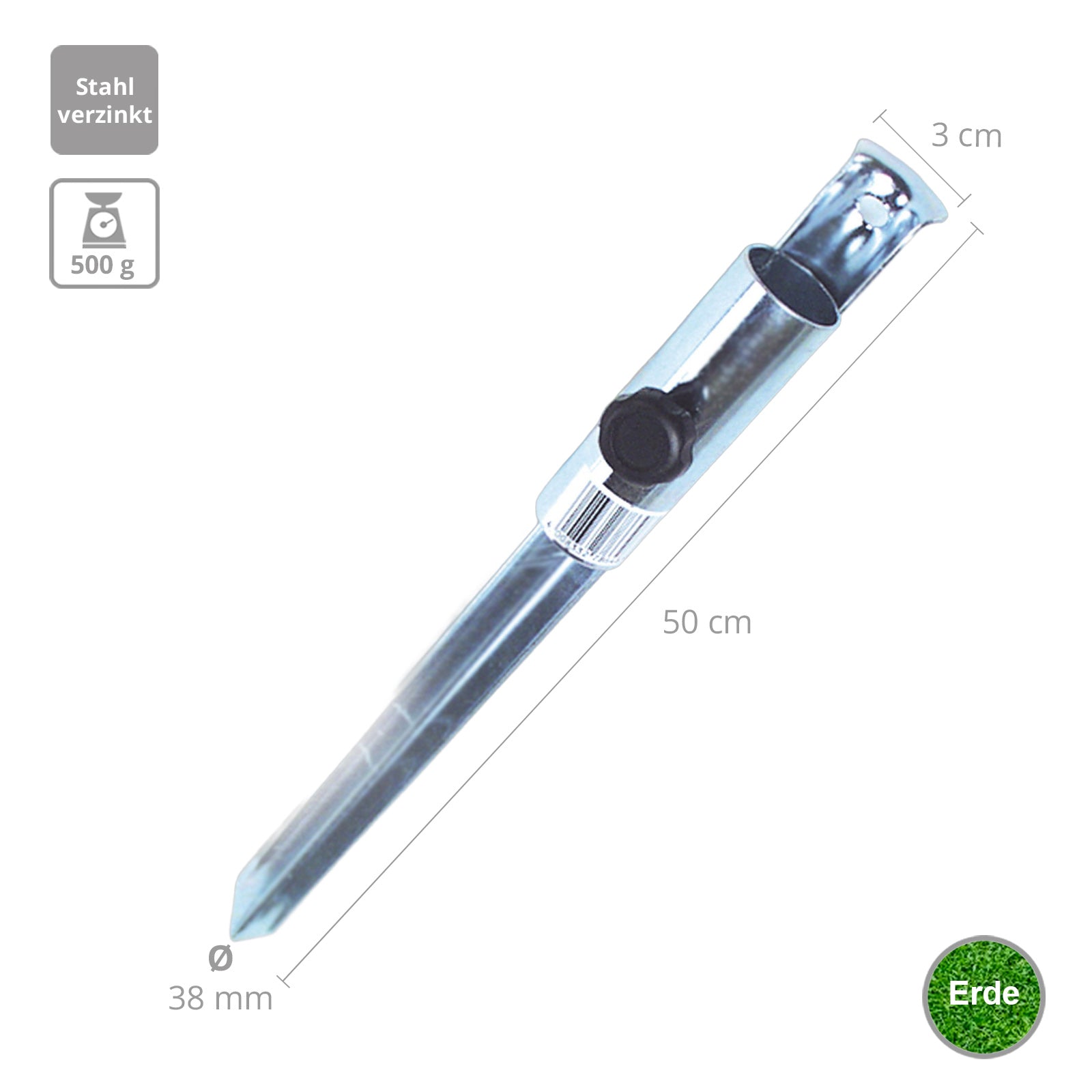 50 cm Rasendorn Bodenhülse Erdspieß Sonnen Schirm Pflock Fuß Halter Zelt Hering
