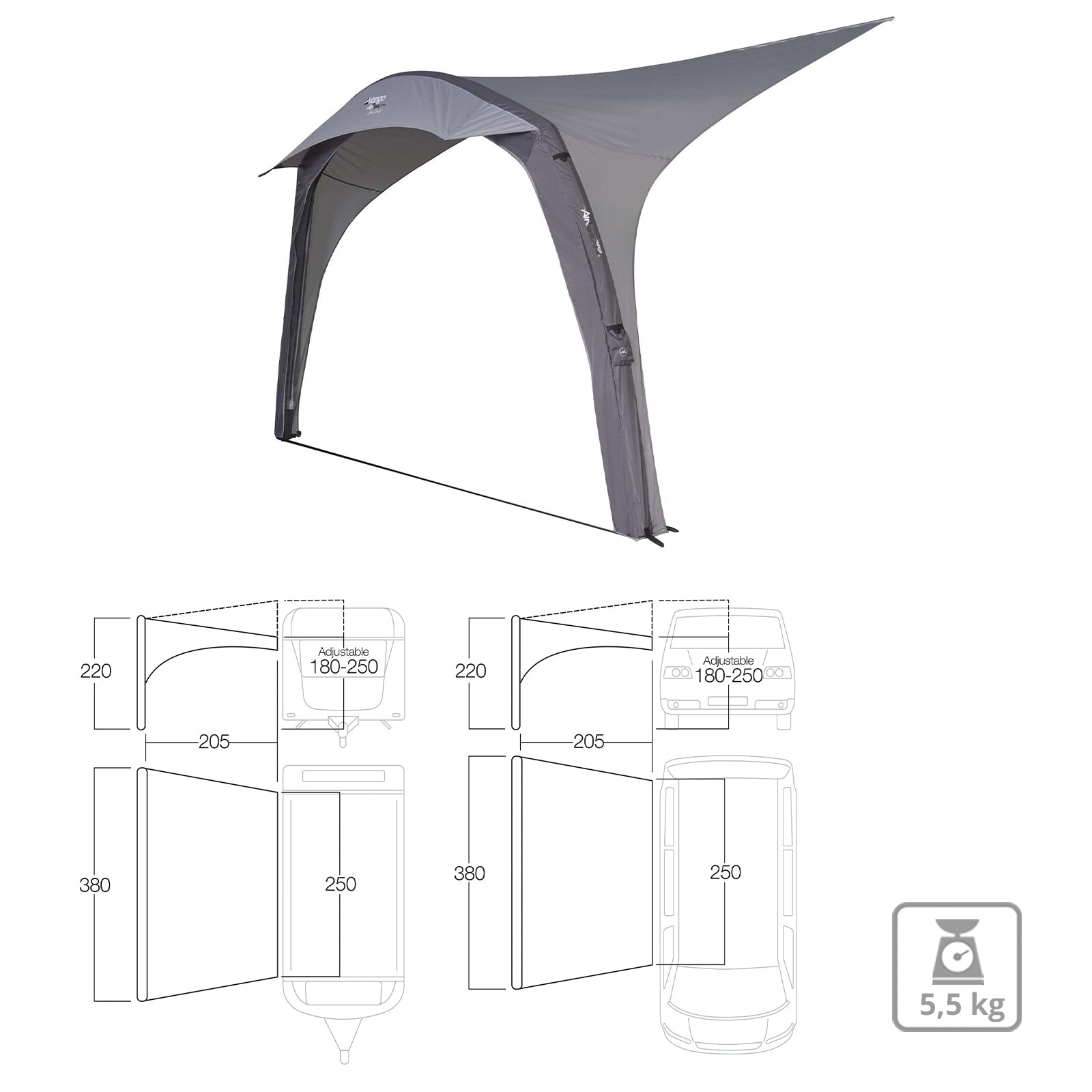 VANGO Caravan Sonnensegel Air Beam Wohnmobil Van Bus Markise Vordach Keder 2,5 m
