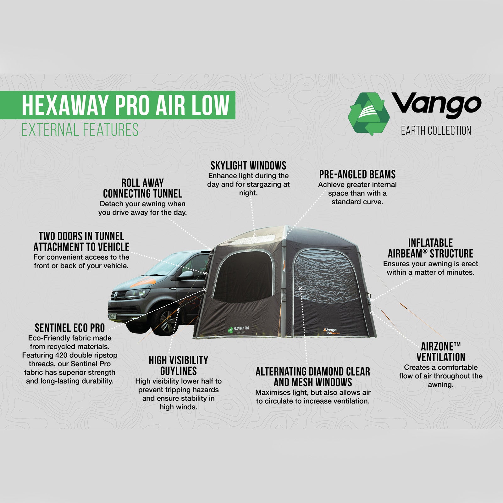 VANGO-voortent voor de bus HexAway Pro Low Airbeam lucht tent voor busjes, SUV’s en VW’s met Airhub, opblaasbaar