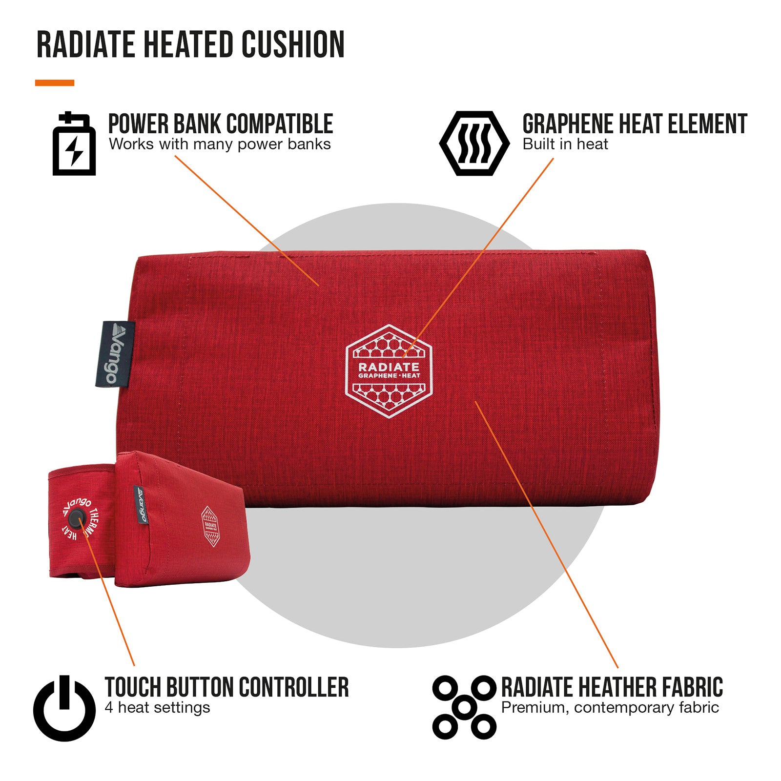 VANGO Camping Chair Heating Cushion Radiate Thermo Back Pillow Heated Battery