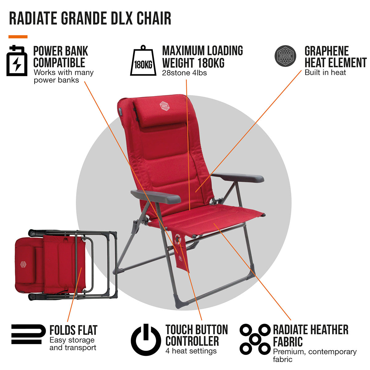 Chaise de camping pliante VANGO Radiate Grande DLX avec coussin chauffant et dossier haut, capacité de charge : 180 kg