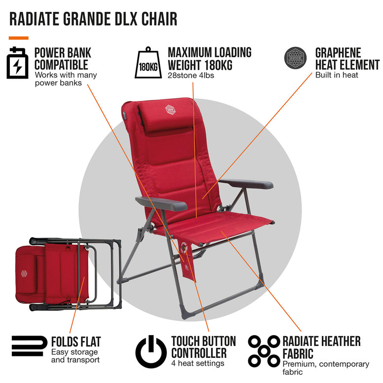 VANGO Camping Stuhl Radiate Grande DLX Heiz Auflage Klappstuhl Hoch Lehner 180kg