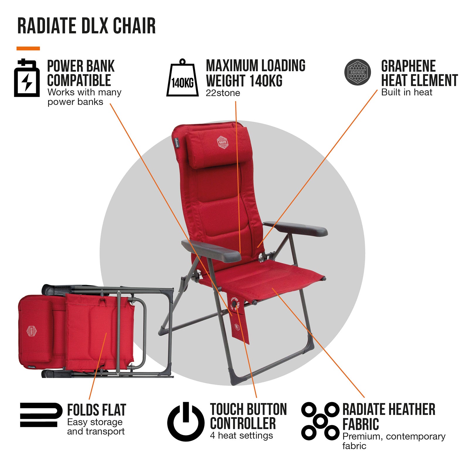 VANGO Camping Stuhl Radiate DLX Heiz Auflage Klappstuhl Liege Hoch Lehner 140 kg