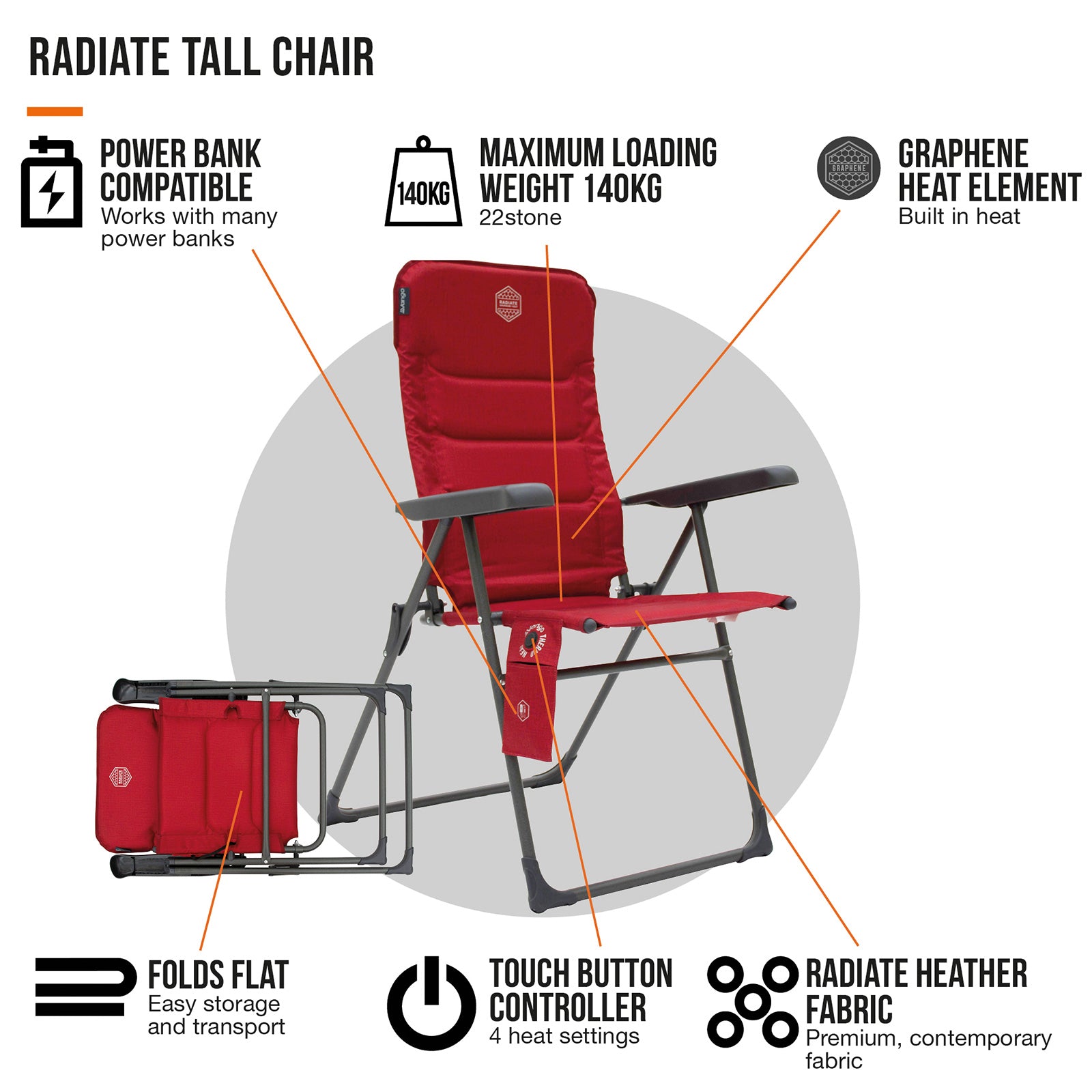 Chaise de camping pliante VANGO Radiate avec coussin chauffant et dossier haut, capacité de charge : 140 kg