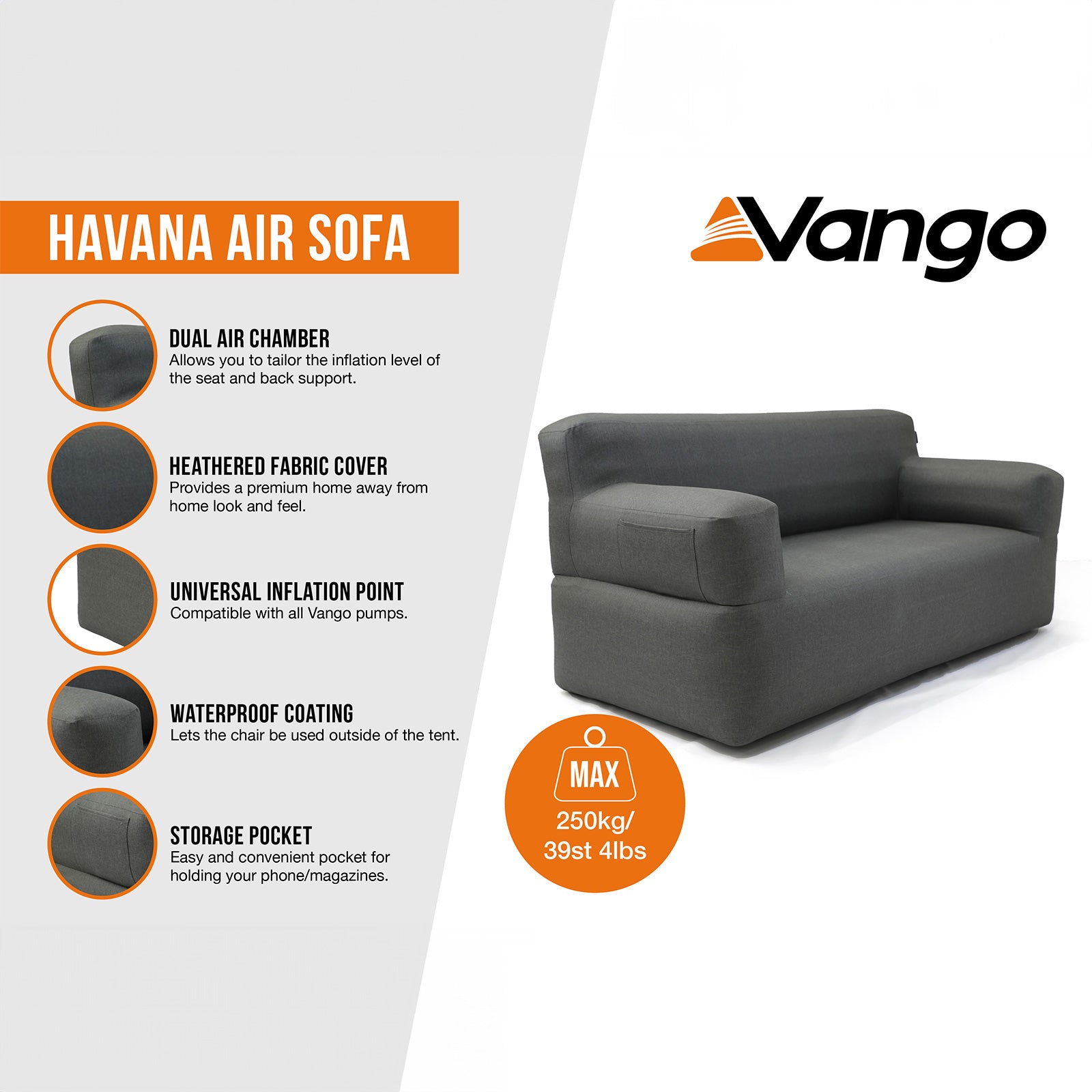 Canapé gonflable de camping VANGO Havana Air Sofa, siège gonflable, mobilier de jardin pour glamping