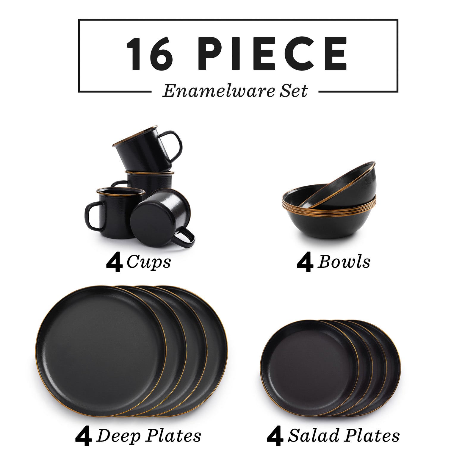 Service de table de camping en émail Barebones, assiette, bol, tasse, acier inoxydable, 16 pièces