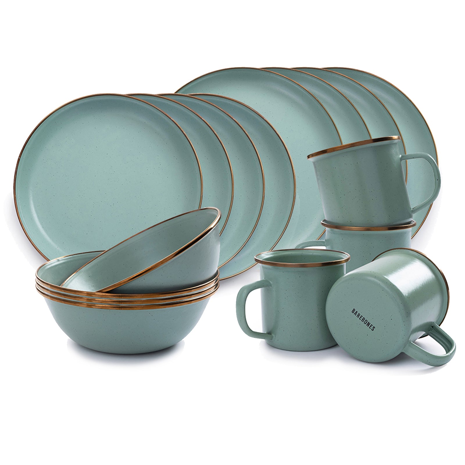 BAREBONES Emaille Campinggeschirr Set Teller Schüssel Becher Edelstahl 16tlg