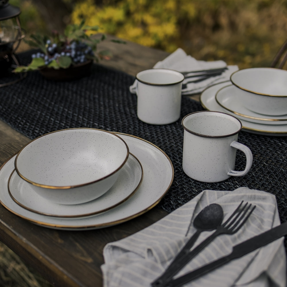 BAREBONES emaille kampeerservies set: bord, kom, beker, roestvrij staal, 8-delig