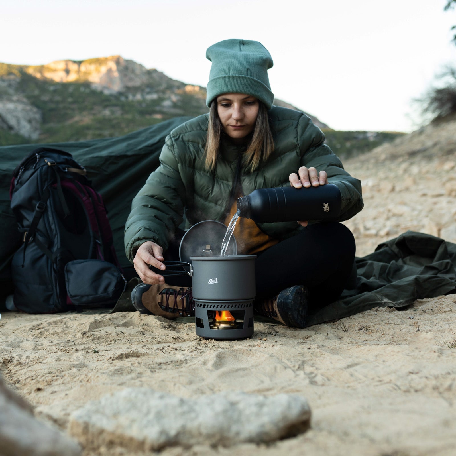 ESBIT Spiritus Cooking Set Mini Camping Stove Pot Outdoor Stove Set Stackable Aluminum