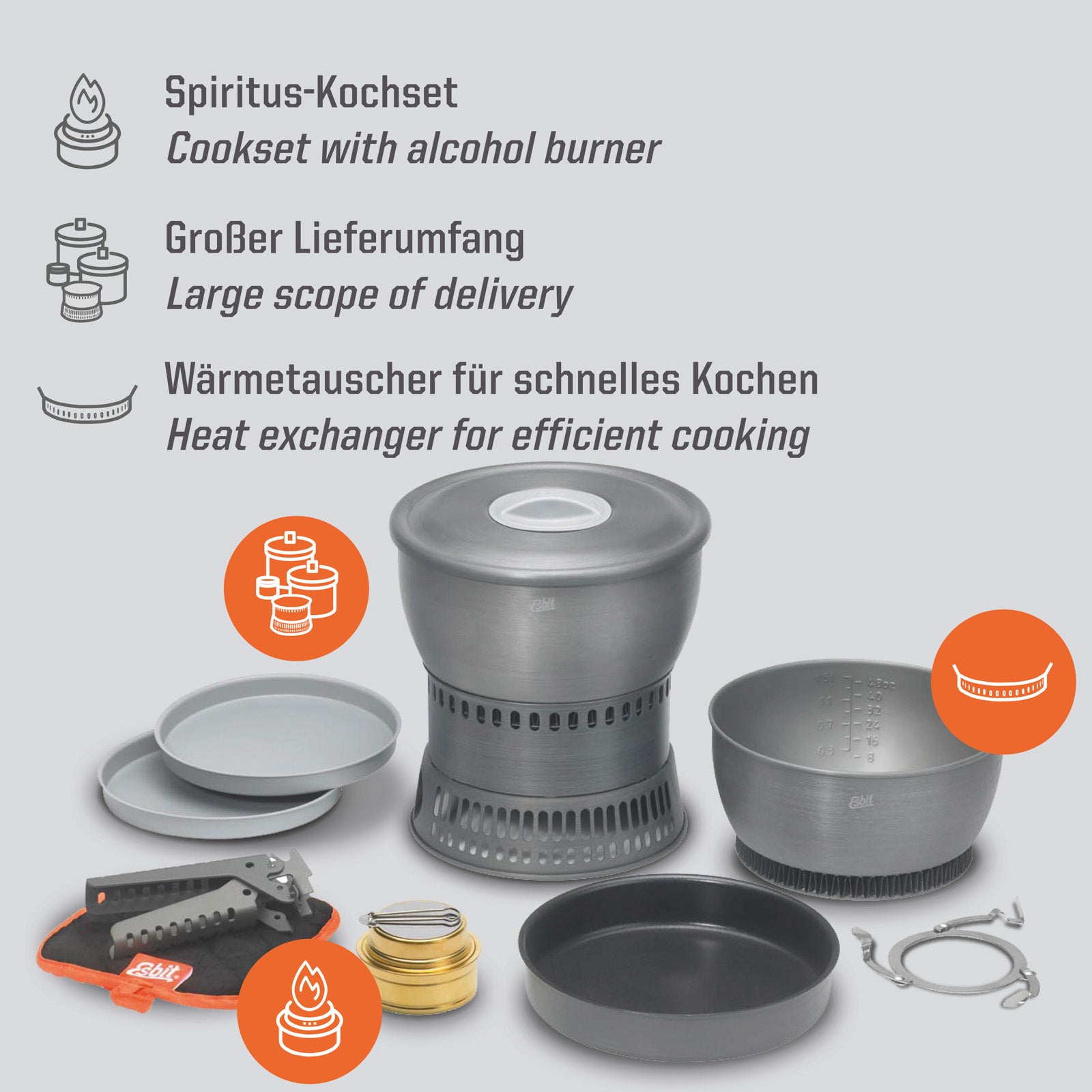 ESBIT spiritus-kookset, kampeerbrander, outdoor-pan, kookset, warmtewisselaar, aluminium