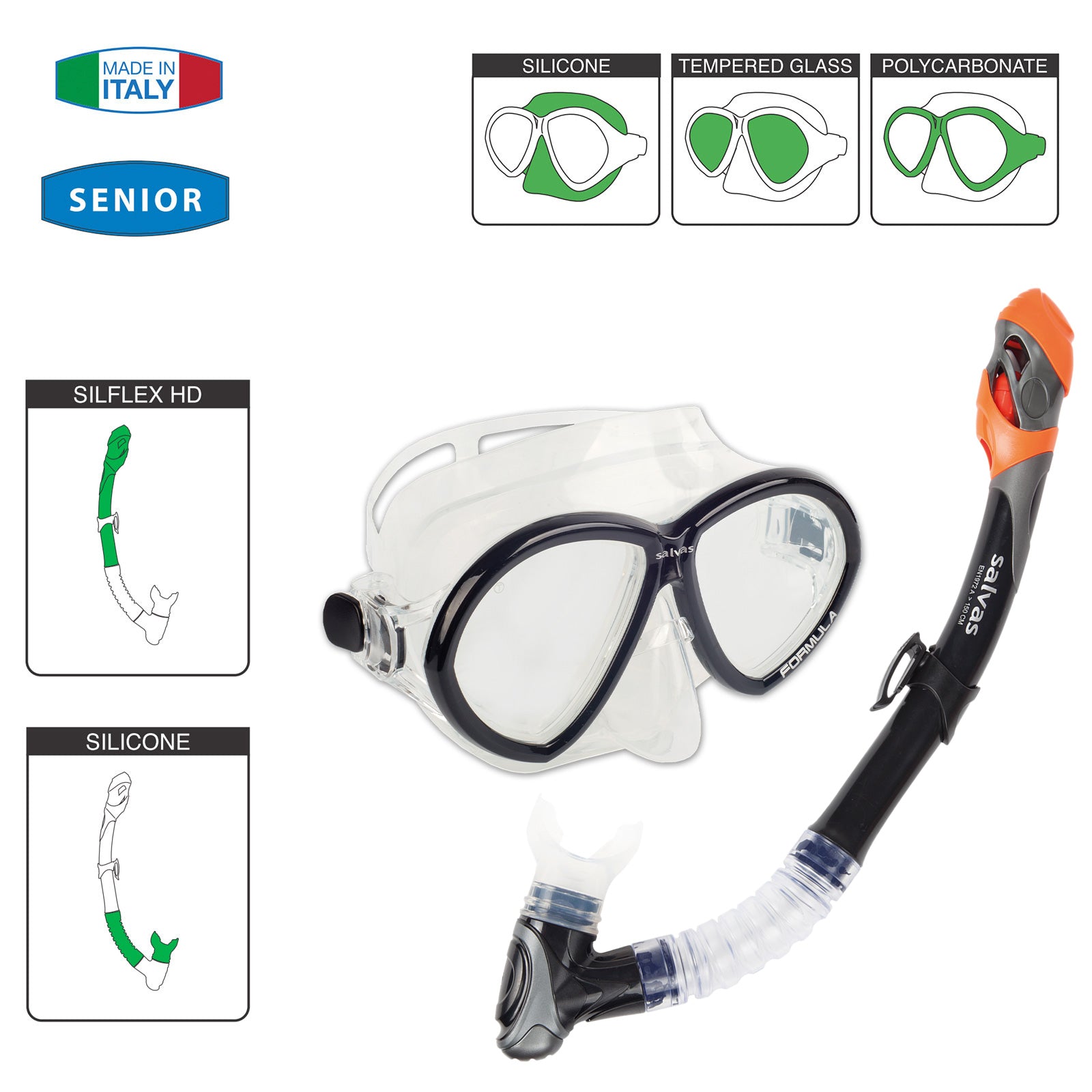 SALVAS Set Formula Tauch Maske + Schnorchel Taucher DryTop Anti Beschlag Silikon