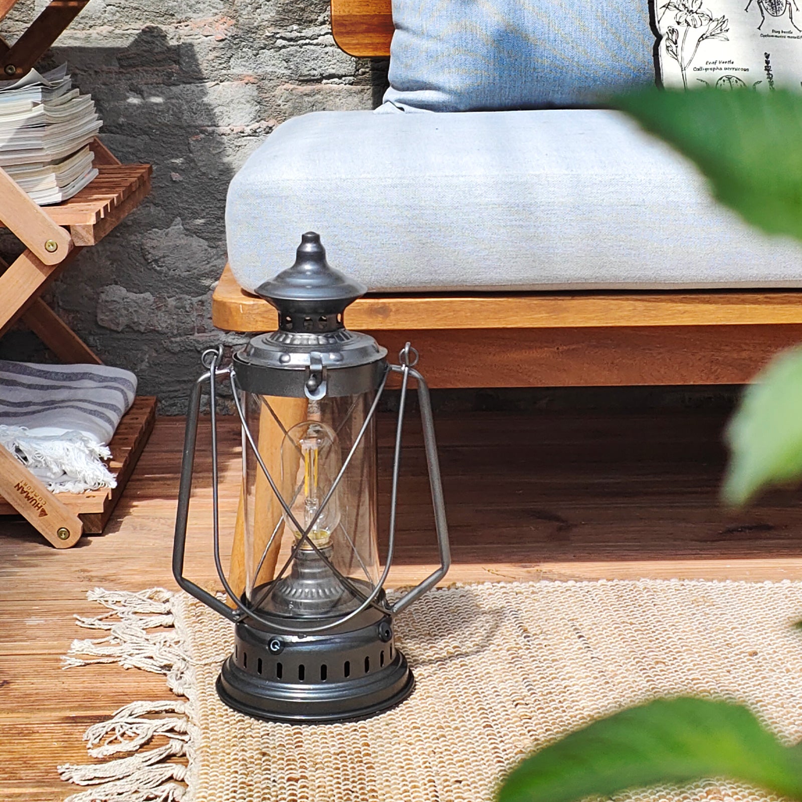 HUMAN COMFORT Storm Lantern LED Camping Retro Lamp USB Battery Dimmable Glass Metal