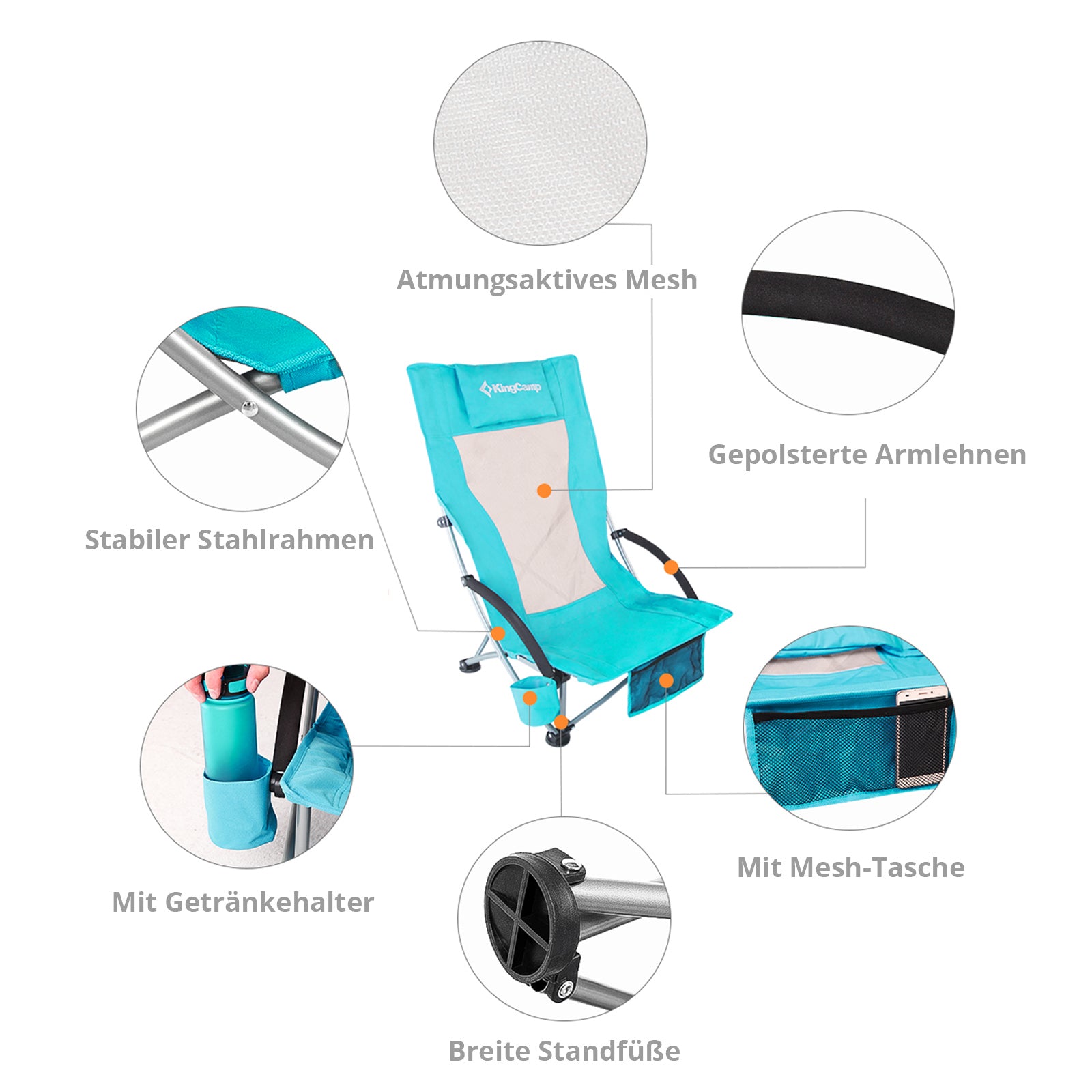 KINGCAMP Strand Liege Stuhl Hoch Lehne Camping Klapp Falt Sessel Niedrig 136 kg